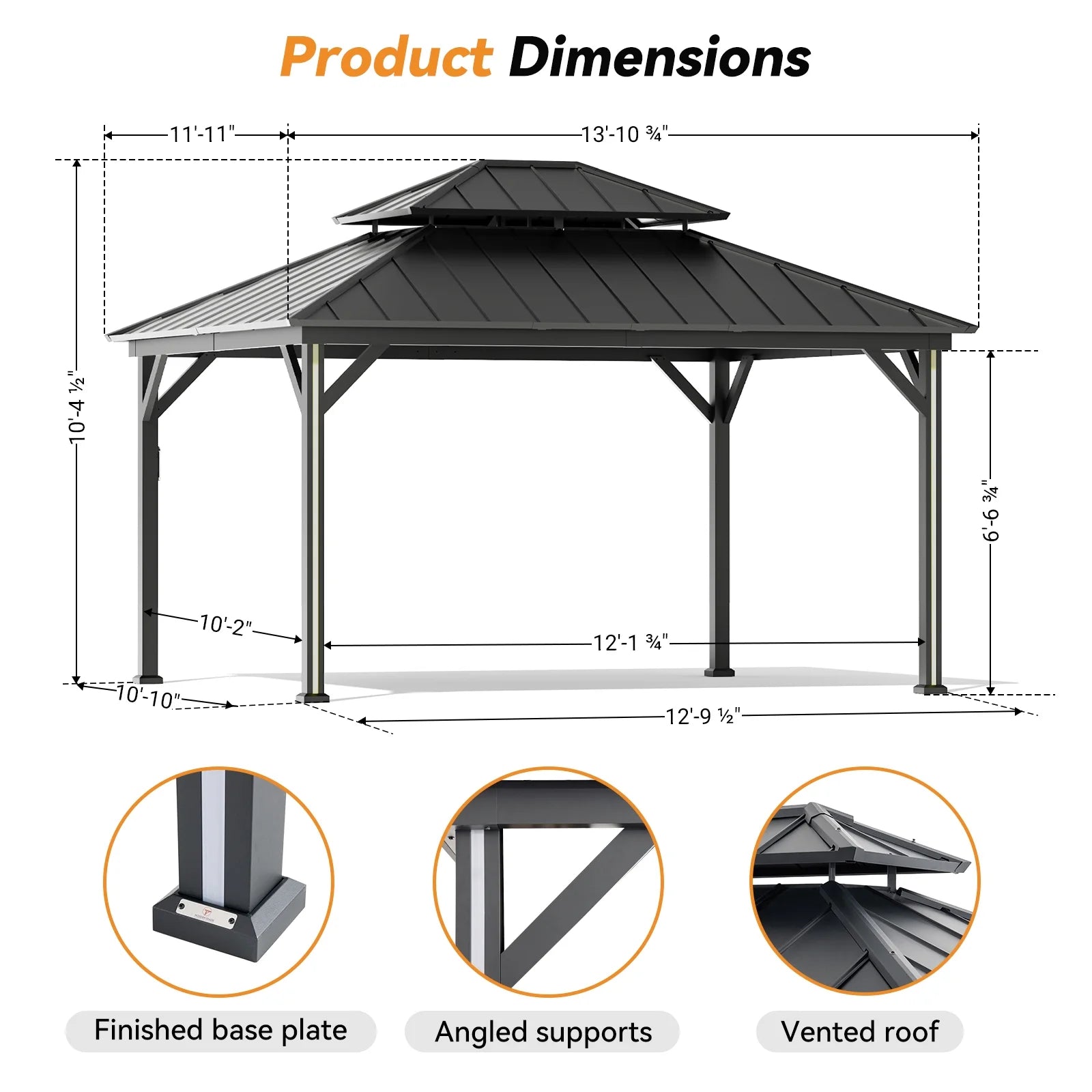 Modern Shade Hardtop Gazebo 12' x 14', Gazebo with 4 LED Lights, Outdoor Gazebo with Double Roof,Patio Gazebo with USB & USB-C Charging Port Deck, Mosquito Netting and Curtains, Black