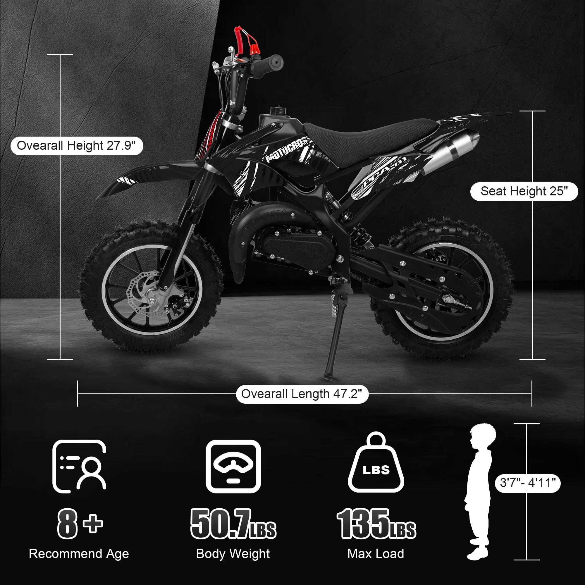 Ktoebyco 49cc Kids Mini Dirt Bike, 2-Stroke Gas-Powered Motorcycle, 1.5L Fuel Capacity, Black
