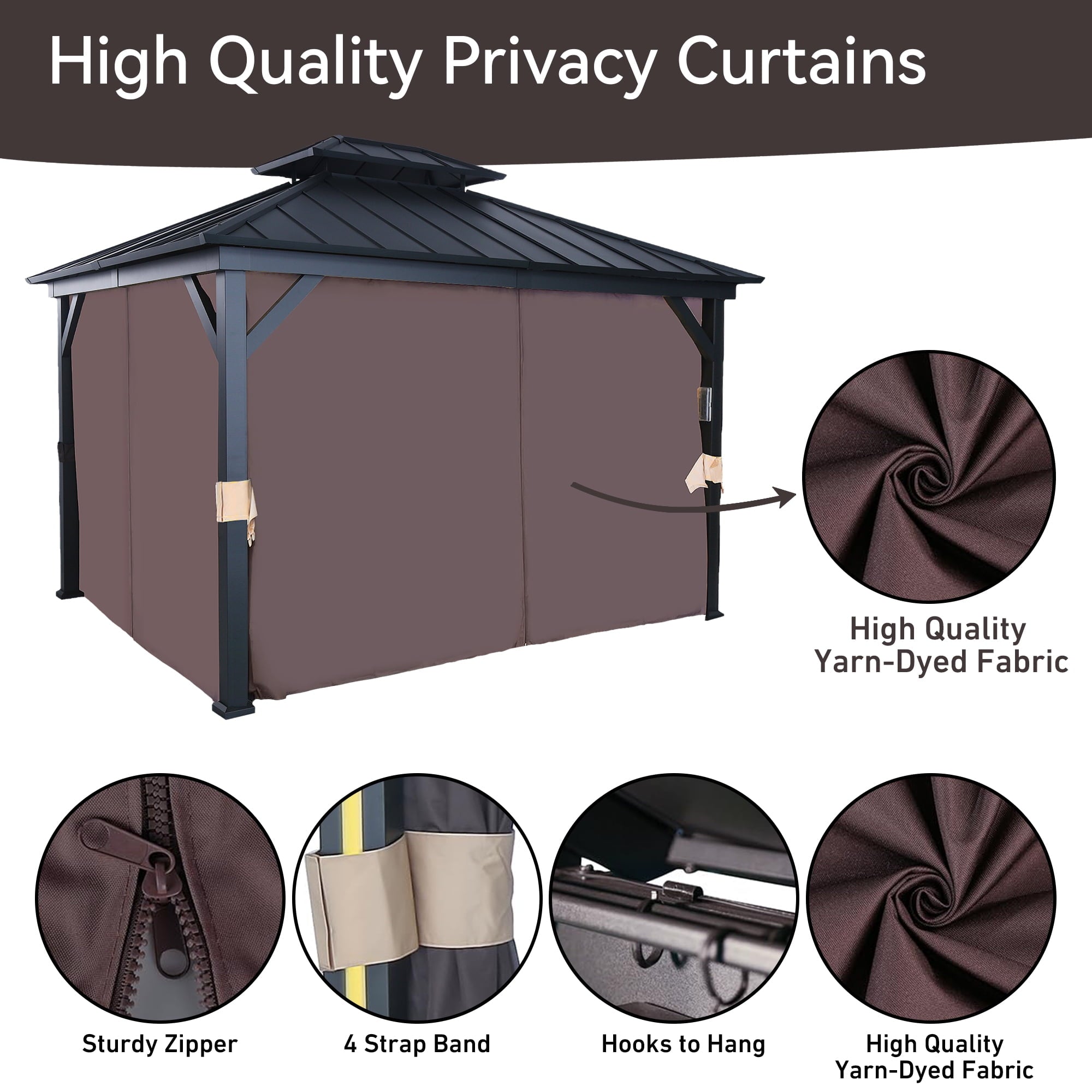 Covered Outdoor Gazebo Replacement Privacy Curtain with Zipper, Gazebo Yarn-Dyed Fabric Sidewalls Outdoor Privacy Panel Suitable for 10'x 10' Gazebo (Privacy Curtain Only)