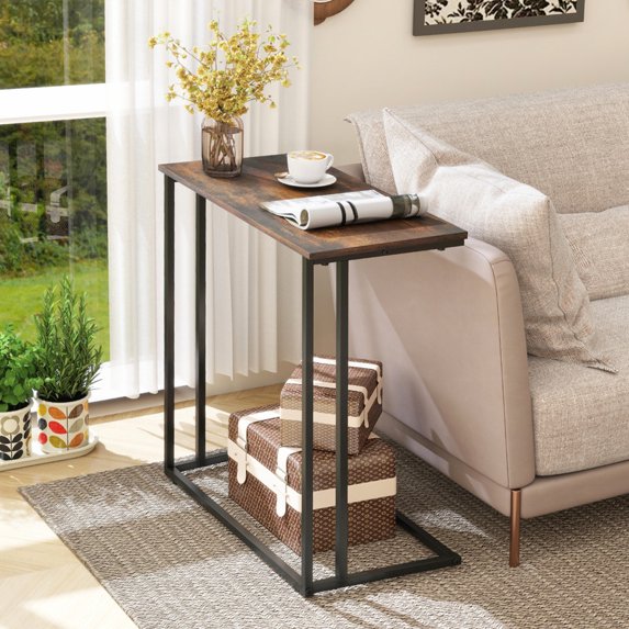 Krpimt C-Shaped End Table for Sofa & Bed Small Side Table with Metal Frame for Bedroom, Living Room, Walnut