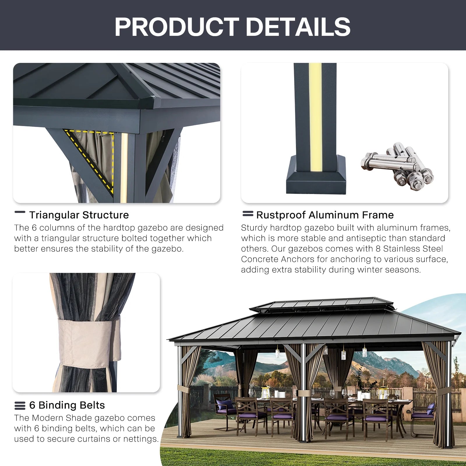 Modern Shade Hardtop Gazebo 12' x 20' Gazebo with 6 LED Lights, Outdoor Gazebo with Galvanized Steel Double Roof, Metal Gazebo with USB & USB-C Charging Port Deck, Netting and Curtains for Patios