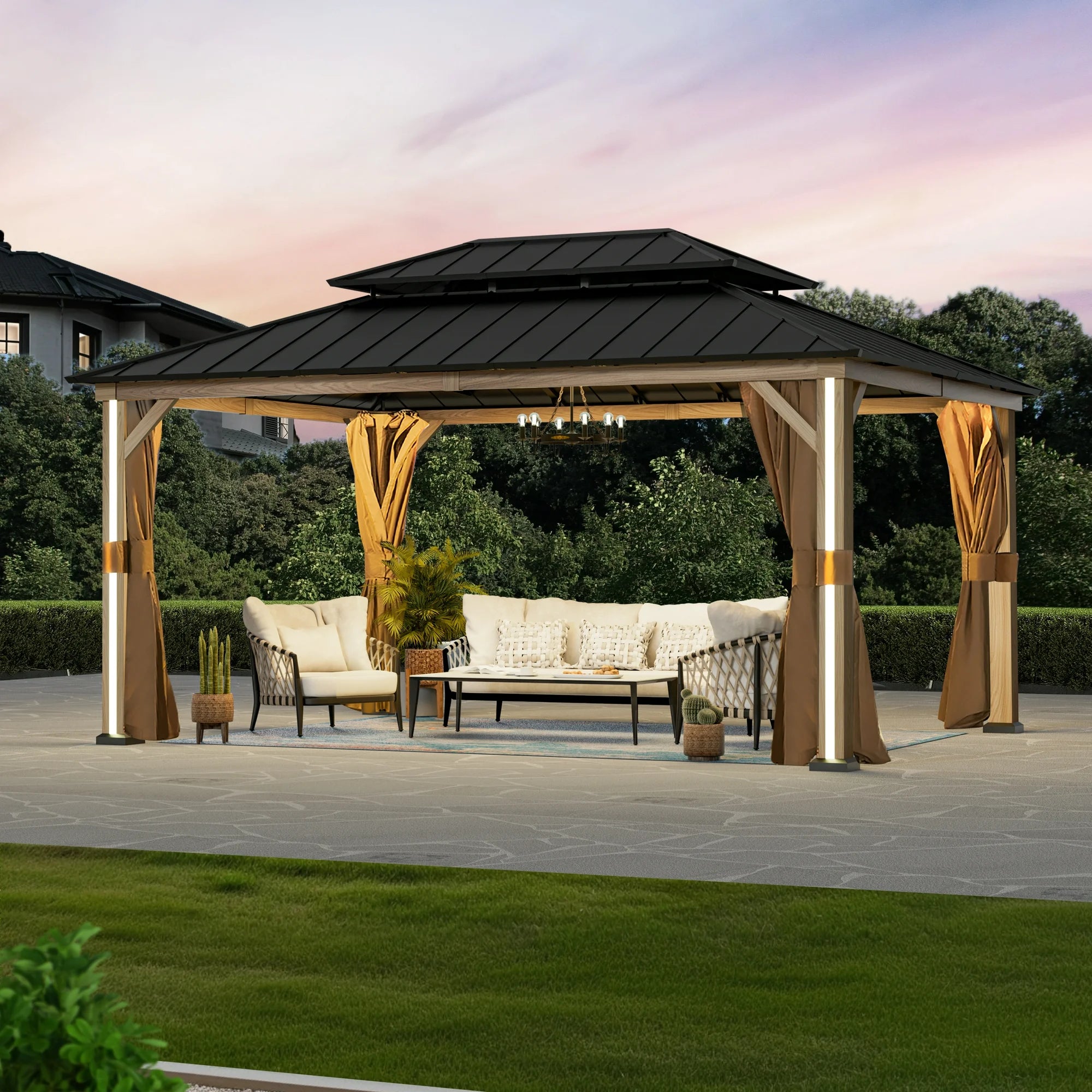 Modern Shade Permanent Hardtop Gazebo 12' x 16' with 4 LED Lights, Outdoor Gazebo with Double Roof, Aluminum Frame, Gazebo with USB Charging Port Deck, Mosquito Netting Curtains, Wood-Looking