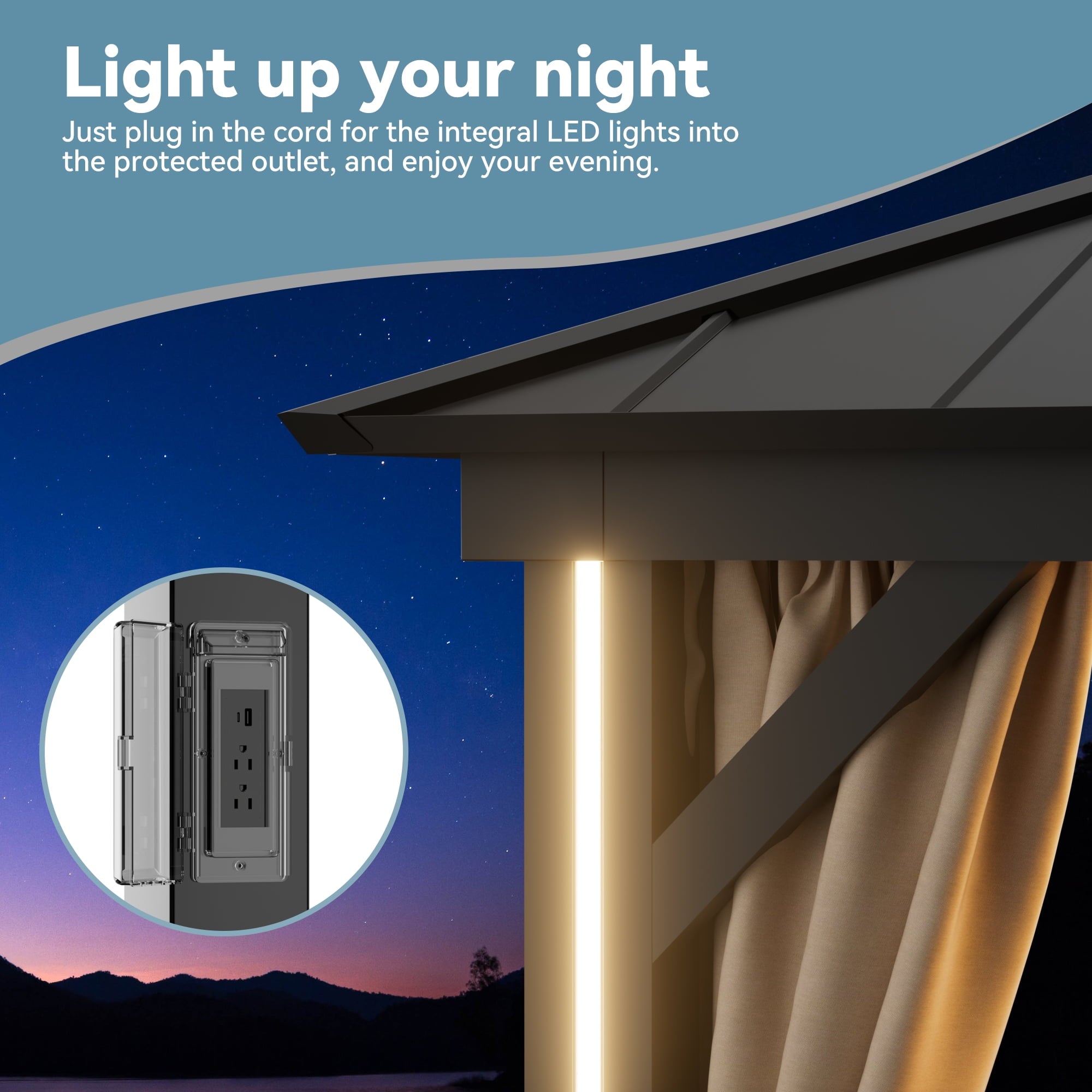 FONA 10'x12' Hardtop Gazebo with LED Lights,Double Roof,USB Port,Netting & Curtains for Patio,Black