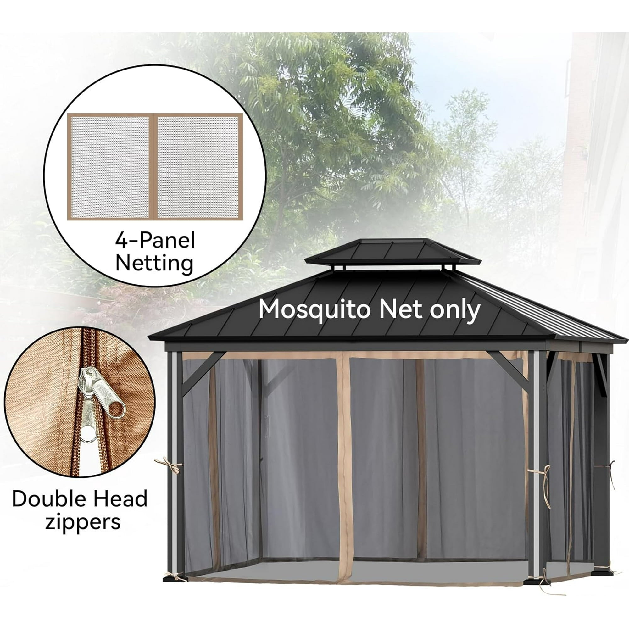 MODERN SHADE universal 4-Panel Mosquito Netting for 10x12 Gazebo,Patio Canopy Replacement with Zipper