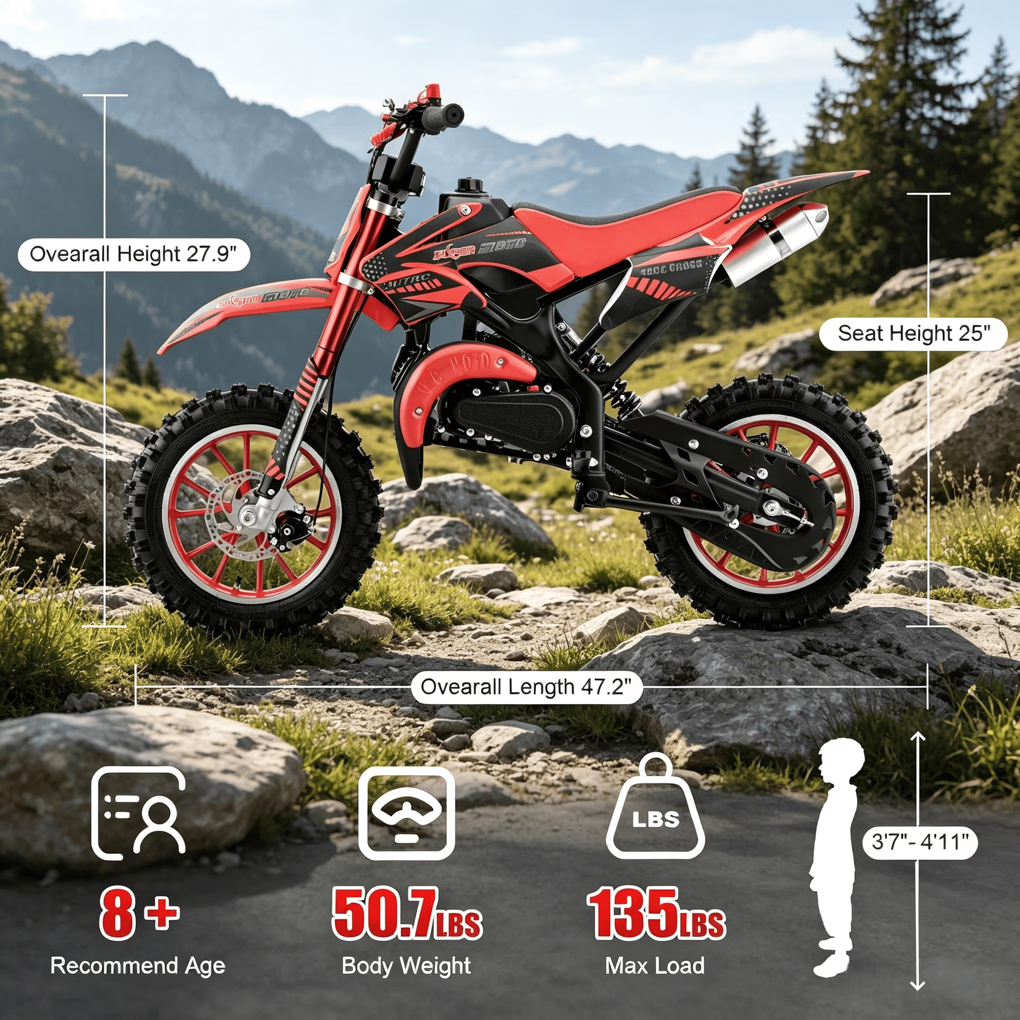 Ktoebyco 49cc Kids Dirt Bike, Gasoline Powered 2-Stroke Mini Motorcycle, 1-Seater, 1.5L Fuel Capacity, Red