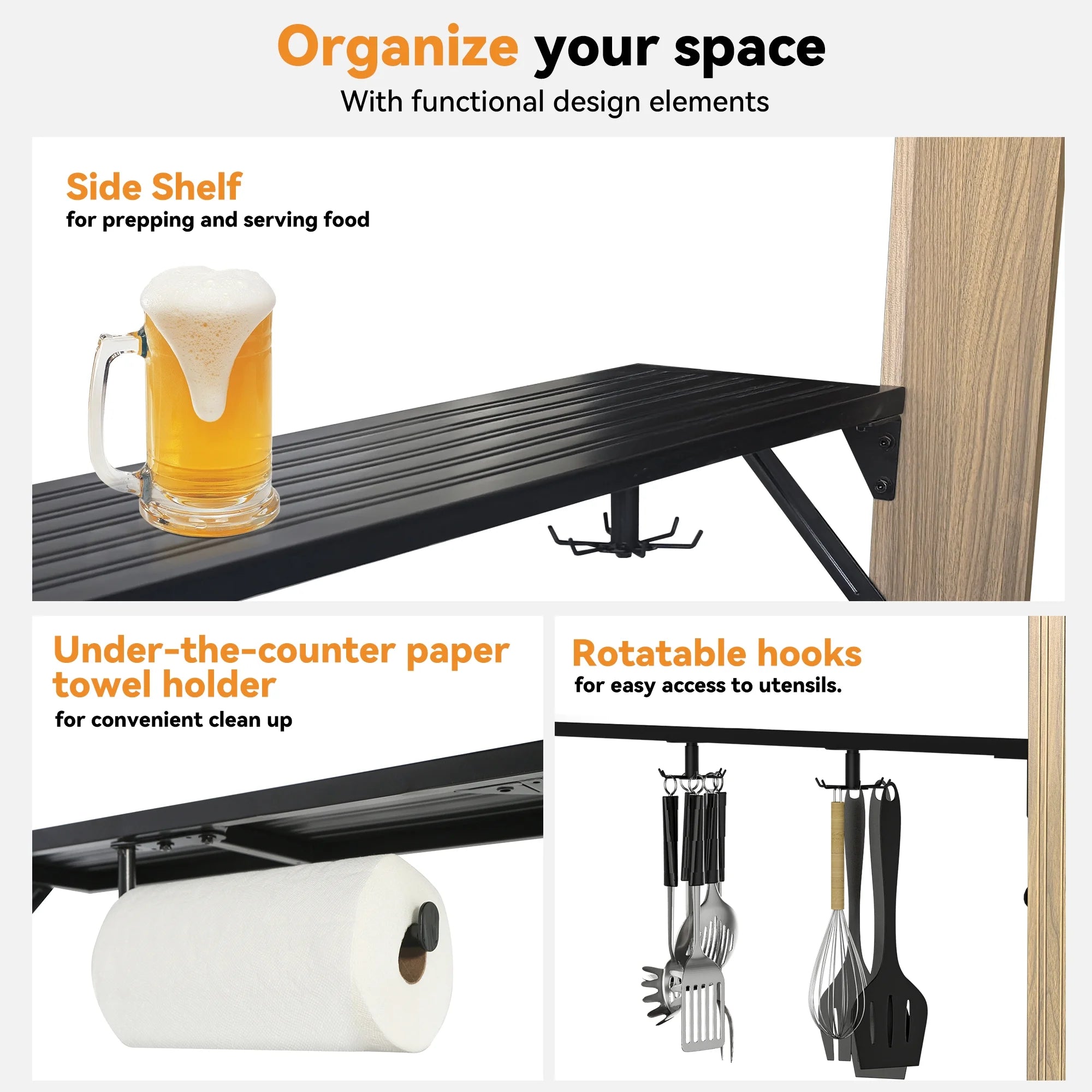 Modern Shade Grill Gazebo 6' X 8', Permanent Aluminum BBQ Gazebos with Shelves and Paper Towel Holder, Grill Canopy with Galvanized Steel Roof, Grill Gazebo with Charging Ports, Wood-Looking
