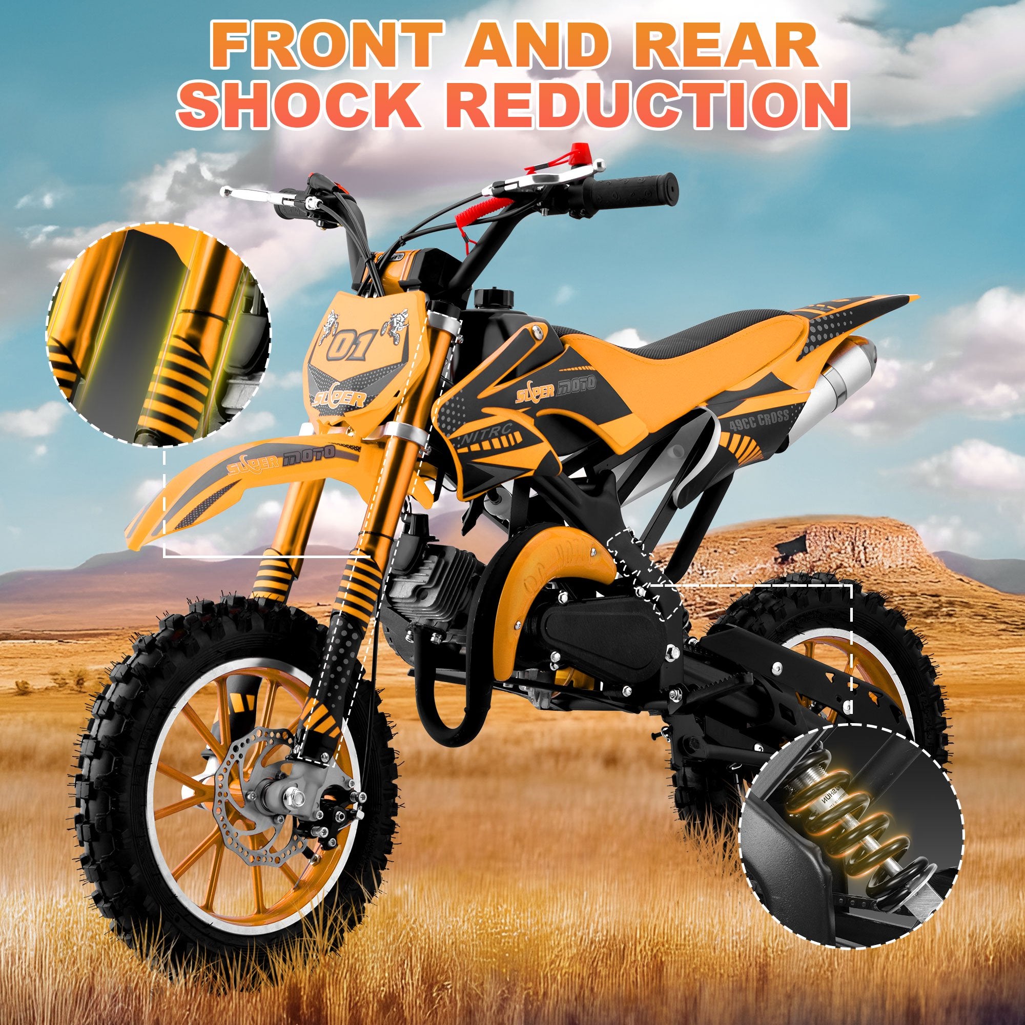Ktoebyco Dirt Bike 49cc 2-Stroke Gas Mini Motorcycle for Kids Orange