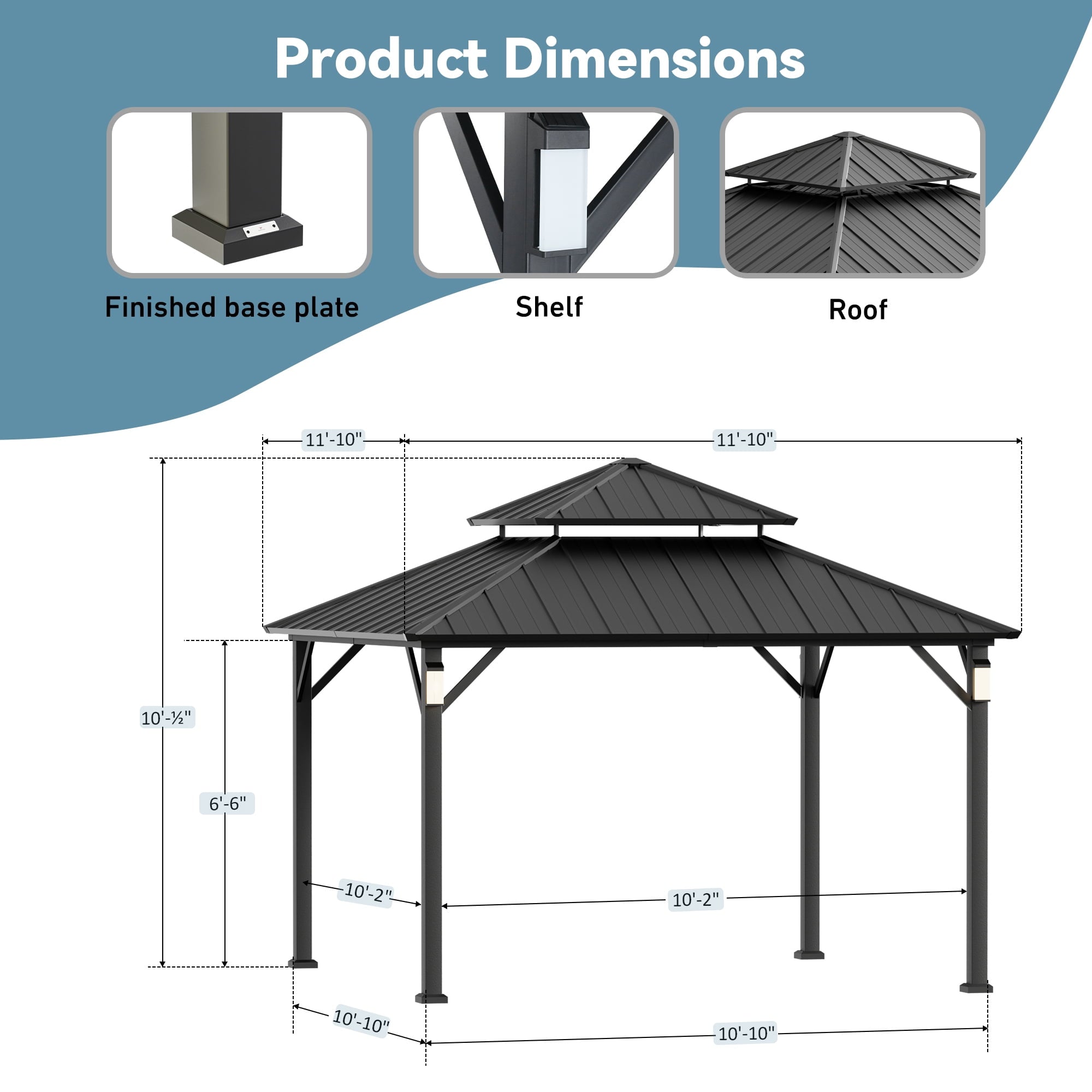 Modern Shade Horizon 12'x12' Hard Top Gazebo W/ Solar LED light