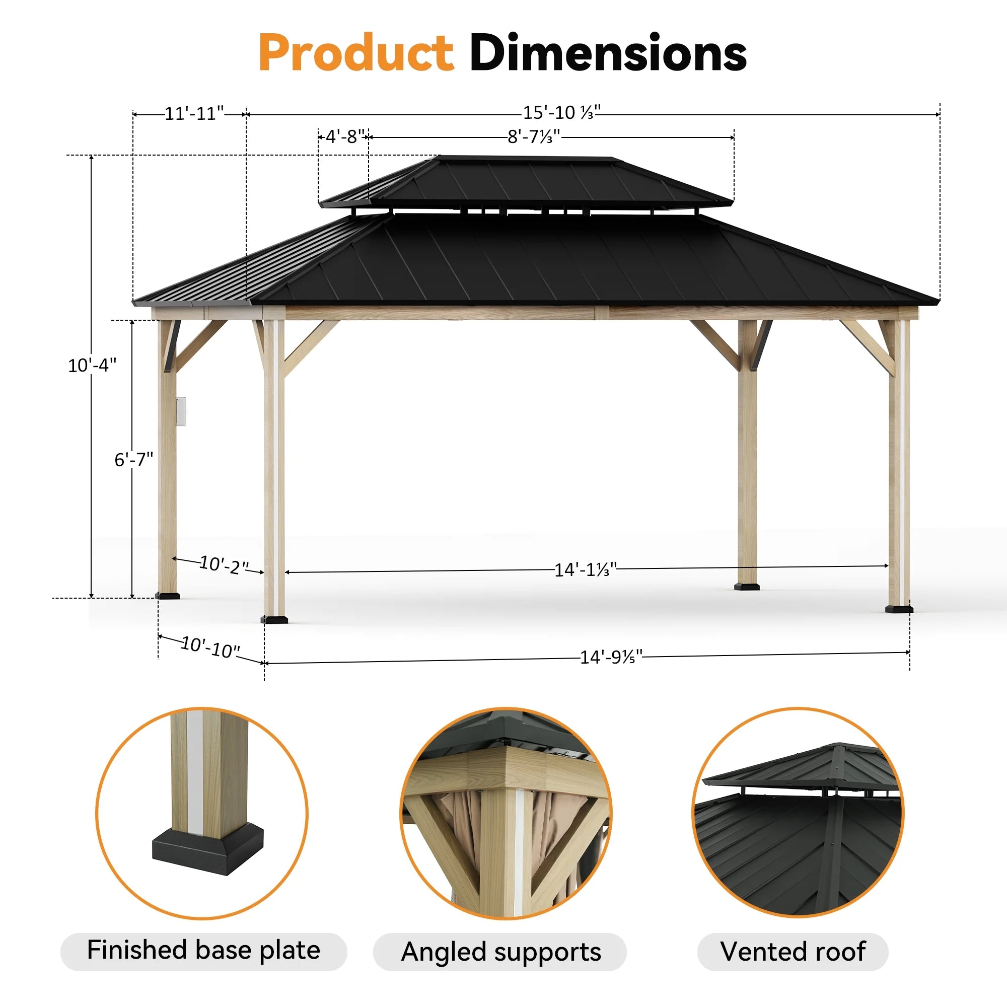 Modern Shade Permanent Hardtop Gazebo 12' x 16' with 4 LED Lights, Outdoor Gazebo with Double Roof, Aluminum Frame, Gazebo with USB Charging Port Deck, Mosquito Netting Curtains, Wood-Looking