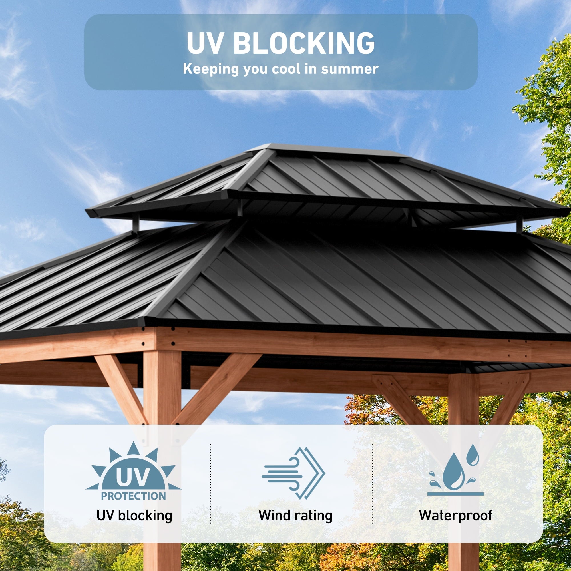 FONA 11'x13' Rosewood Cedar Grill Gazebo,Double Steel Roof & Sturdy Hooks for Patio & Backyard