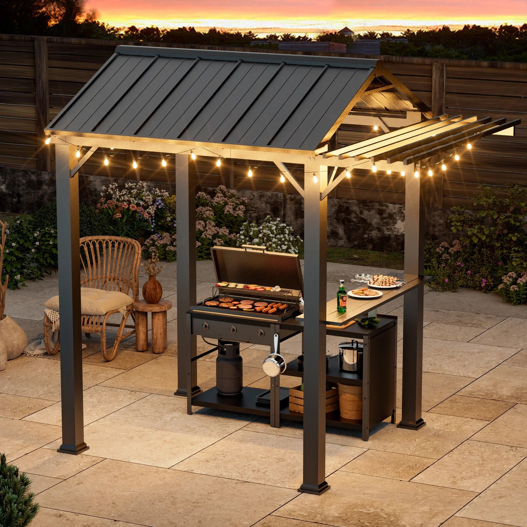FONA 6x8 Modern Shade Grill Gazebo with Galvanized Steel Roof,Waterproof,Rust-Resistant,4-Season Use