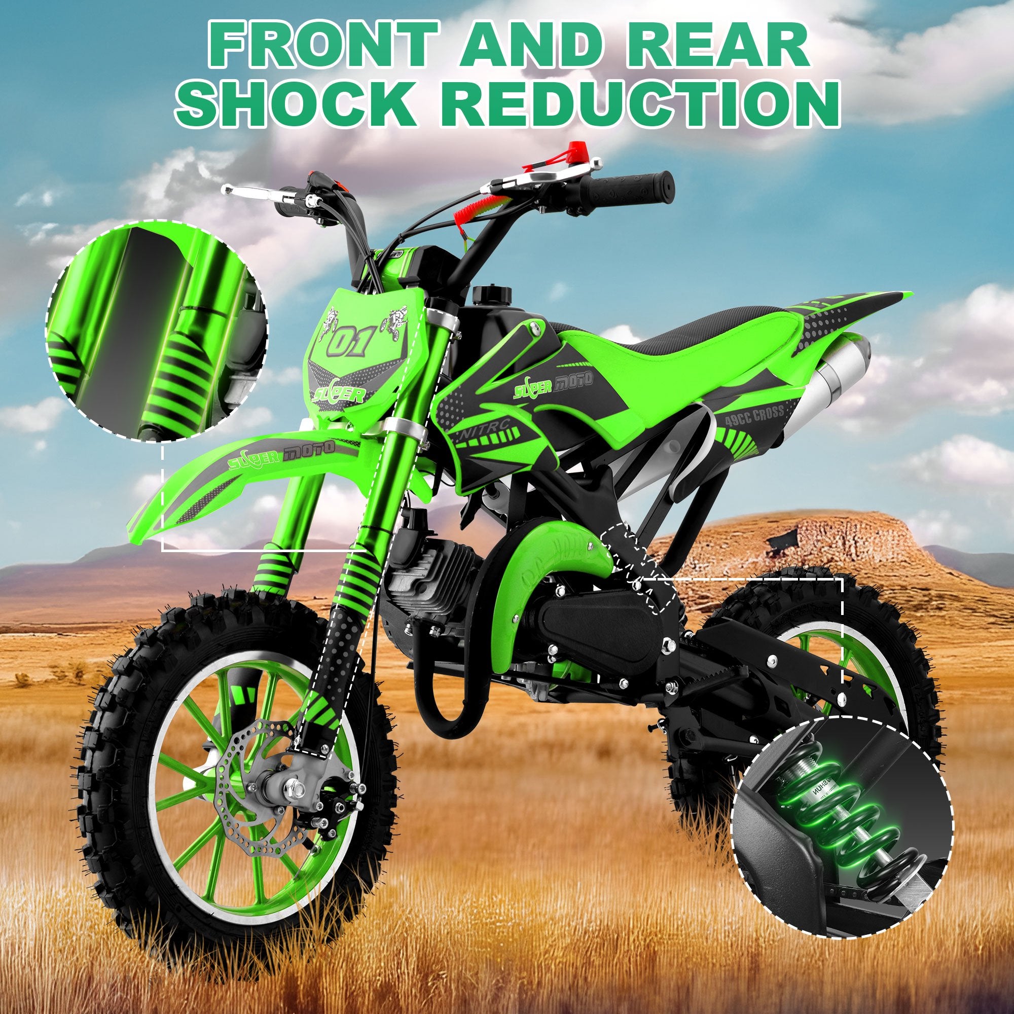 Ktoebyco Dirt Bike 49cc 2-Stroke Gas Mini Motorcycle for Kids Green