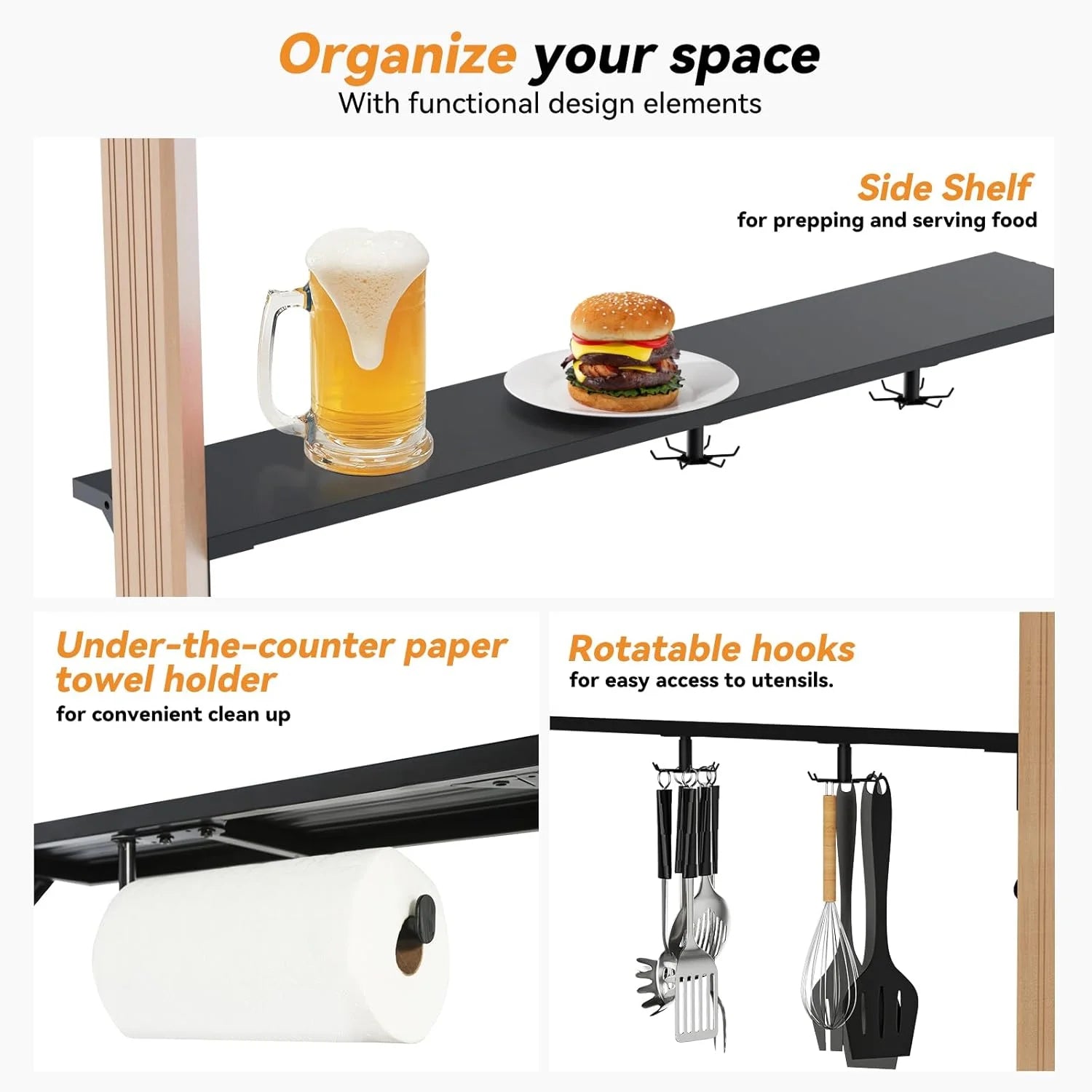 Modern Shade Grill Gazebo 6' X 8', Permanent Aluminum BBQ Gazebos with Shelves and Paper Towel Holder, Grill Canopy with Galvanized Steel Roof, Grill Gazebo with Charging Ports, Wood-Looking