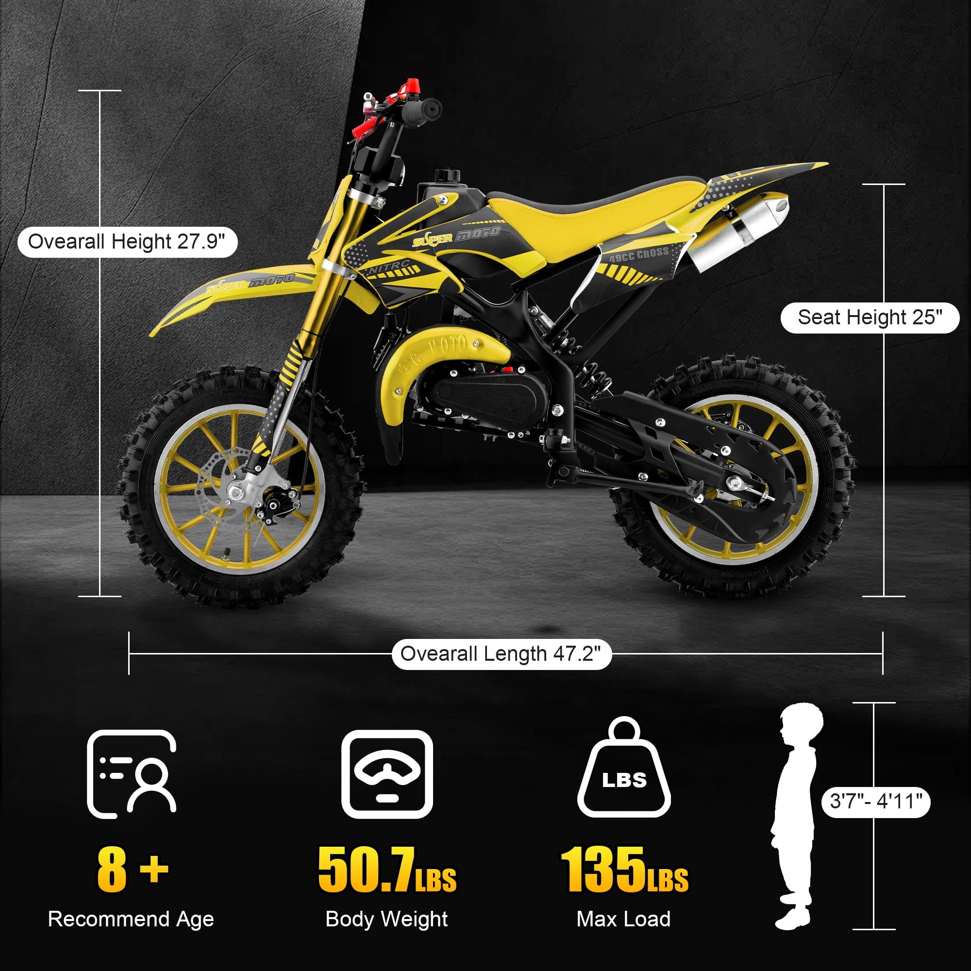 Ktoebyco 49cc Kids Dirt Bike, Gasoline Powered 2-Stroke Mini Motorcycle, 1-Seater, 1.5L Fuel Capacity, Yellow