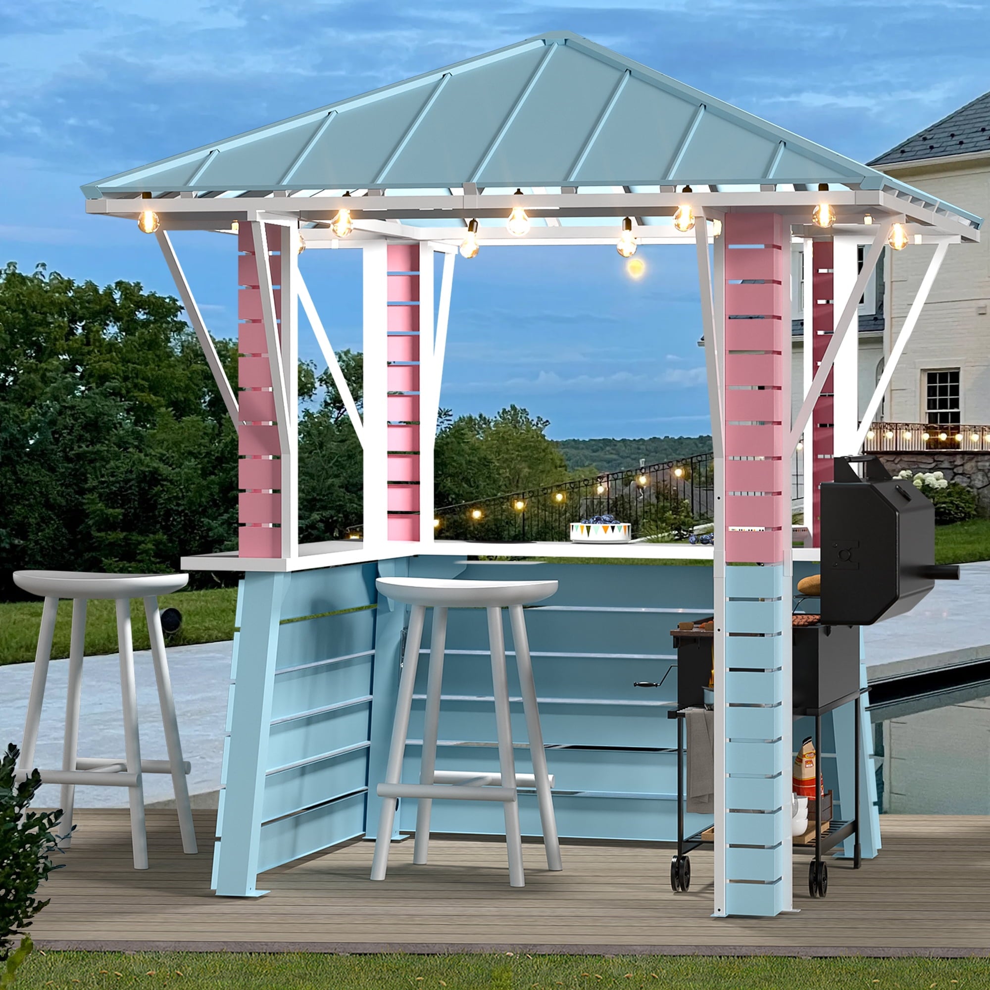 Modern Shade Outdoor Gazebo 8' x 8', Grill Gazebo with USB Charging Socket and Hooks, Patio Gazebo with 2 open sides, Galvanized Steel Pavilion for Swimming pool, Backyard, BBQ, Party