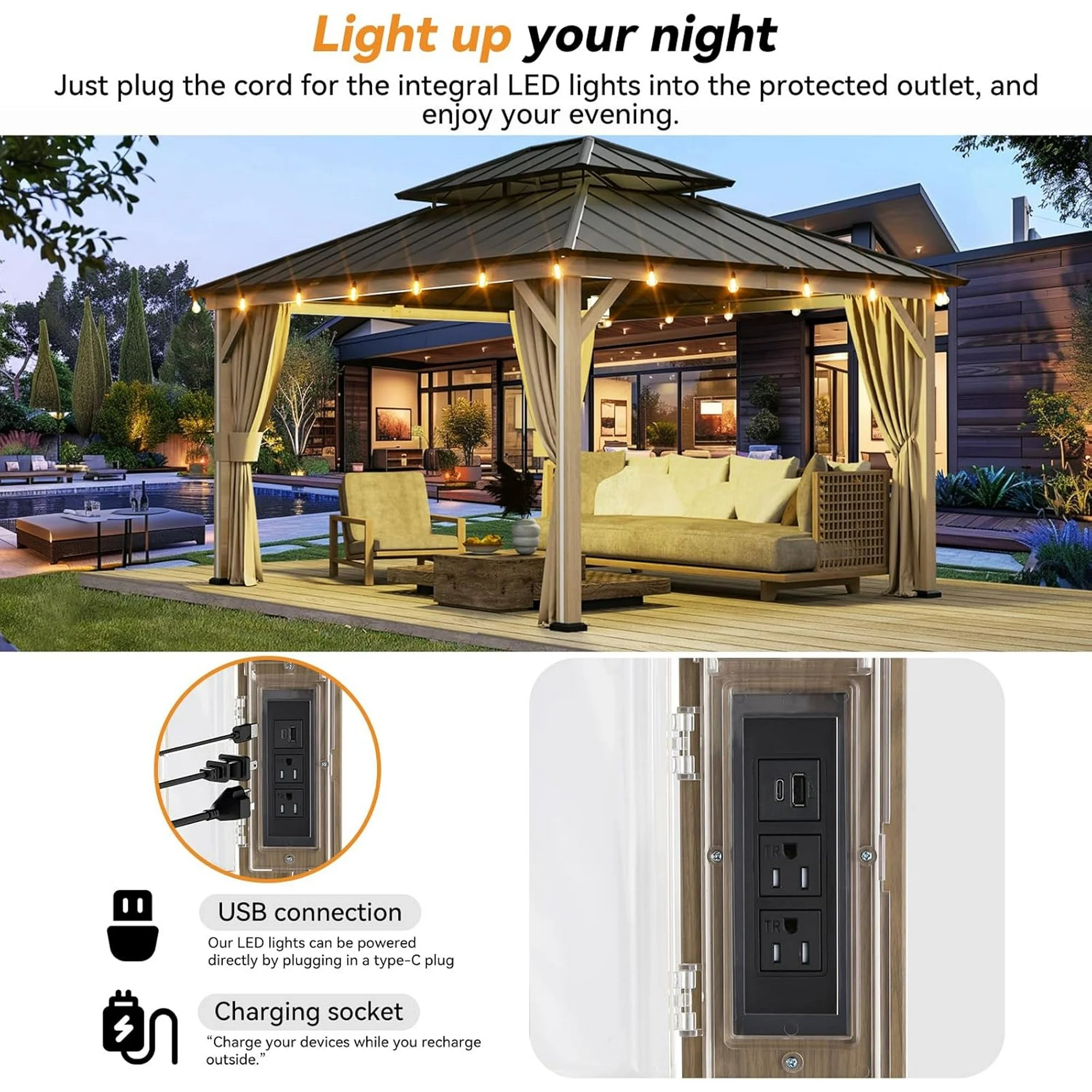 Modern Shade Hardtop Gazebo 12' x 14', Patio Gazebo with 4 LED Lights, Outdoor Gazebo with Double Roof, Patio Gazebo with USB & USB-C Charging Port Deck, Mosquito Netting and Curtains, Wood-Looking