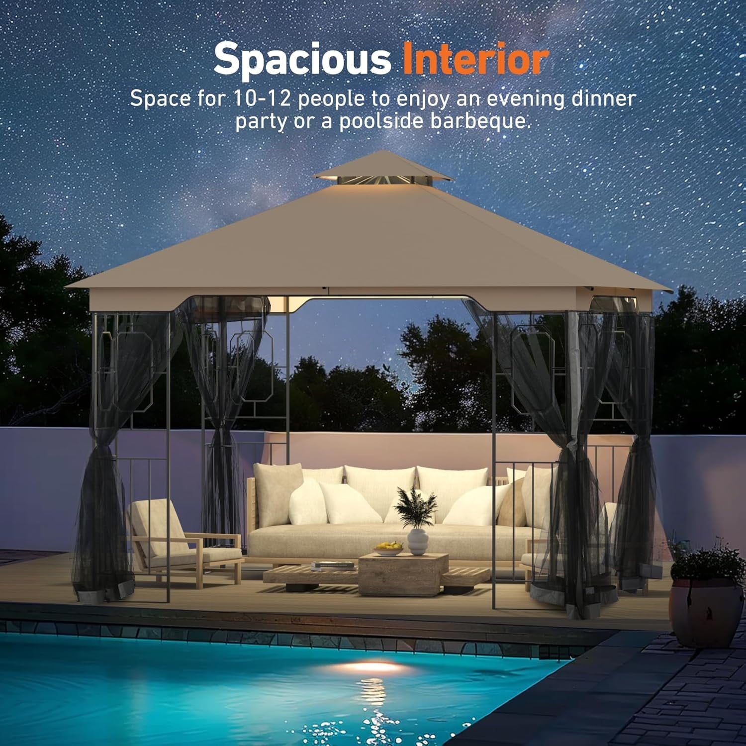 Covered Outdoor Patio Gazebo 11'x11' with Netting, Outdoor Gazebo with Stable Frame, Gazebo Tent with Double Roofs and Ceiling Hooks, Pop Up Canopy Tent for Patio Lawn (Brown)