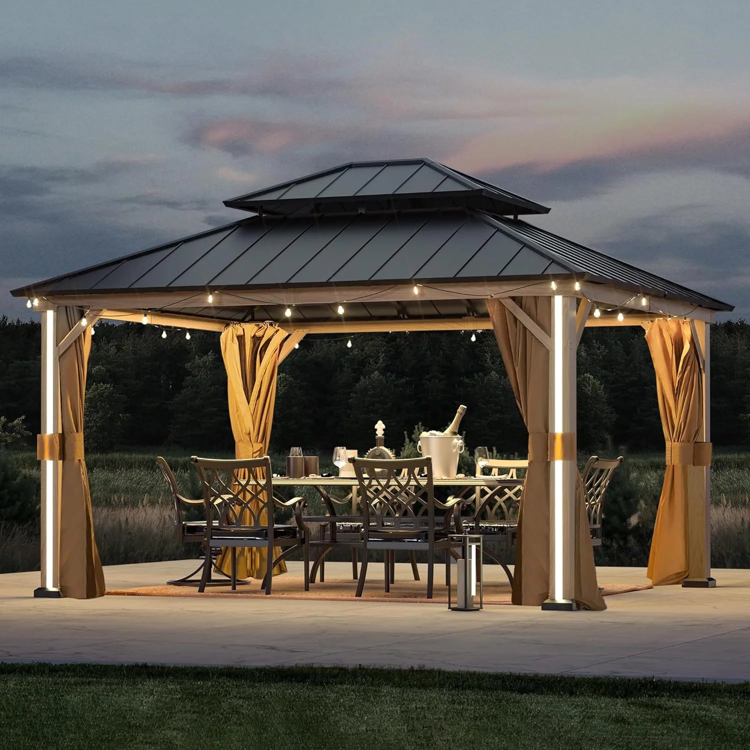 Modern Shade Hardtop Gazebo 12' x 14', Patio Gazebo with 4 LED Lights, Outdoor Gazebo with Double Roof, Patio Gazebo with USB & USB-C Charging Port Deck, Mosquito Netting and Curtains, Wood-Looking