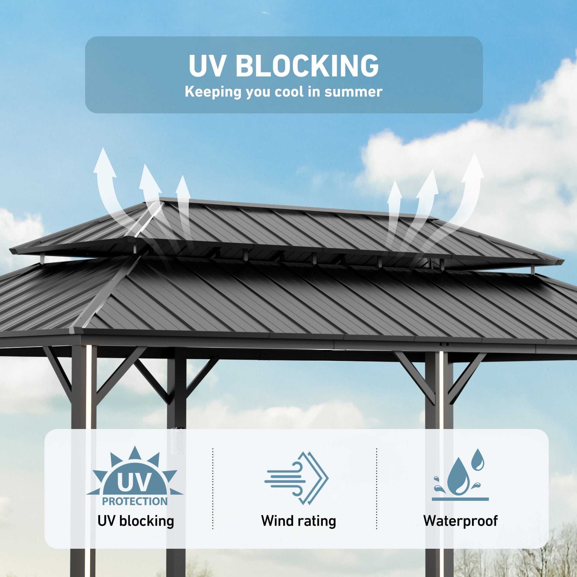 FONA 12'x20' Steel Roof Gazebo w/ 6 LED Lights,Curtains,Netting&USB Charging Port,Black