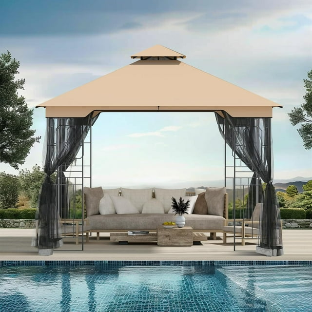 Covered Outdoor Patio Gazebo 11'x11' with Netting, Outdoor Gazebo with Stable Frame, Gazebo Tent with Double Roofs and Ceiling Hooks, Pop Up Canopy Tent for Patio Lawn (Brown)