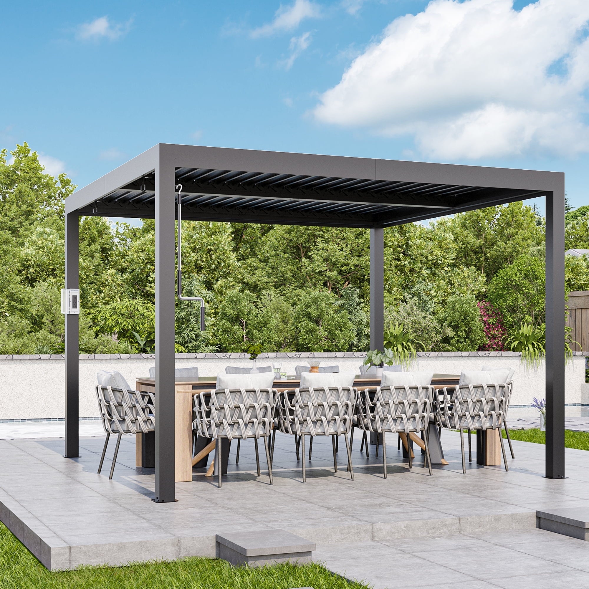 FONA 10'x10' Aluminum Louvered Pergola, Adjustable Roof, USB Charging, Black for Patio