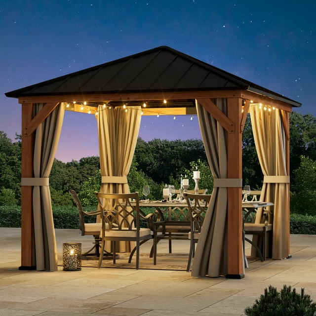 FONA 10'x10' Tranquil Grove Cedar Wood Grill Gazebo with Galvanized Steel Hardtop Roof for Backyard