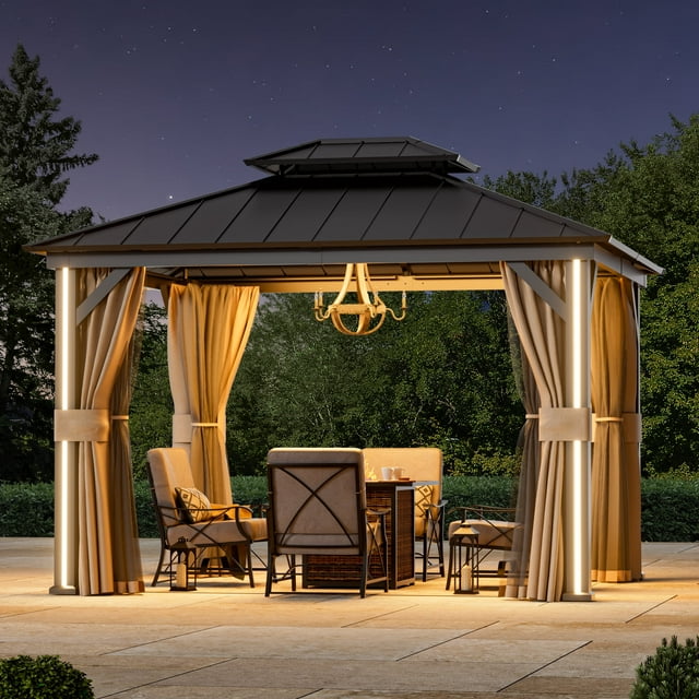 FONA 10'x12' Hardtop Gazebo with LED Lights,Double Roof,USB Port,Netting & Curtains for Patio,Black