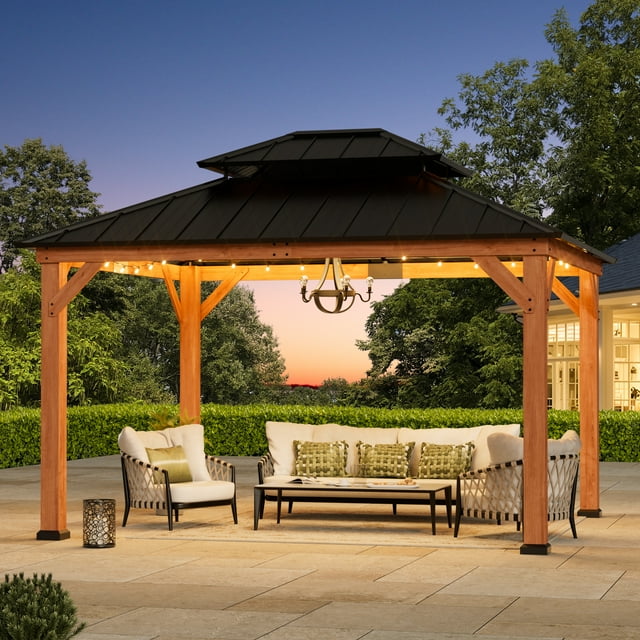 FONA 11'x13' Rosewood Cedar Grill Gazebo,Double Steel Roof & Sturdy Hooks for Patio & Backyard