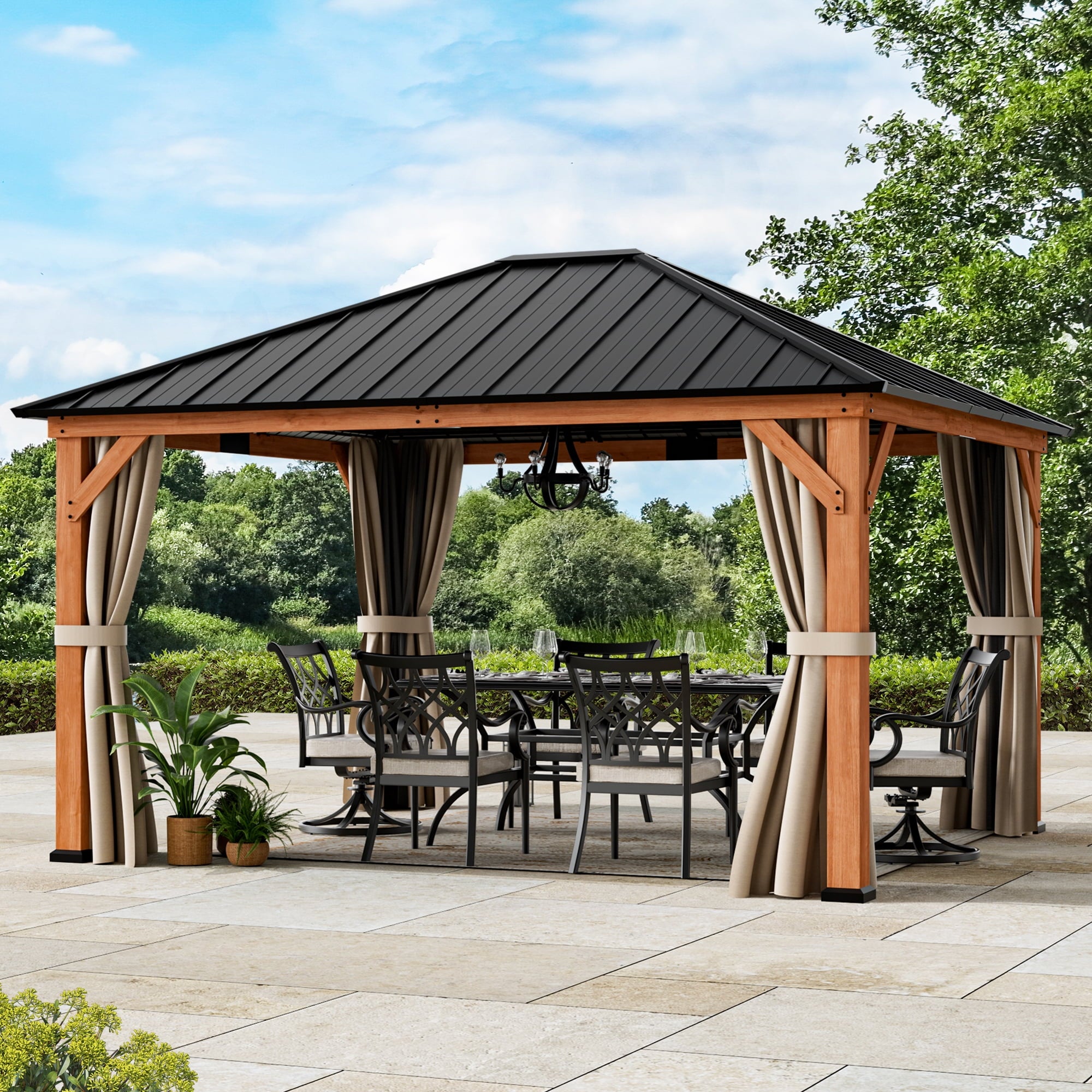 FONA 12'x14' Wood Gazebo,Permanent Hardtop Gazebo with Mosquito Net,with Galvanized Steel Roof Hardtop