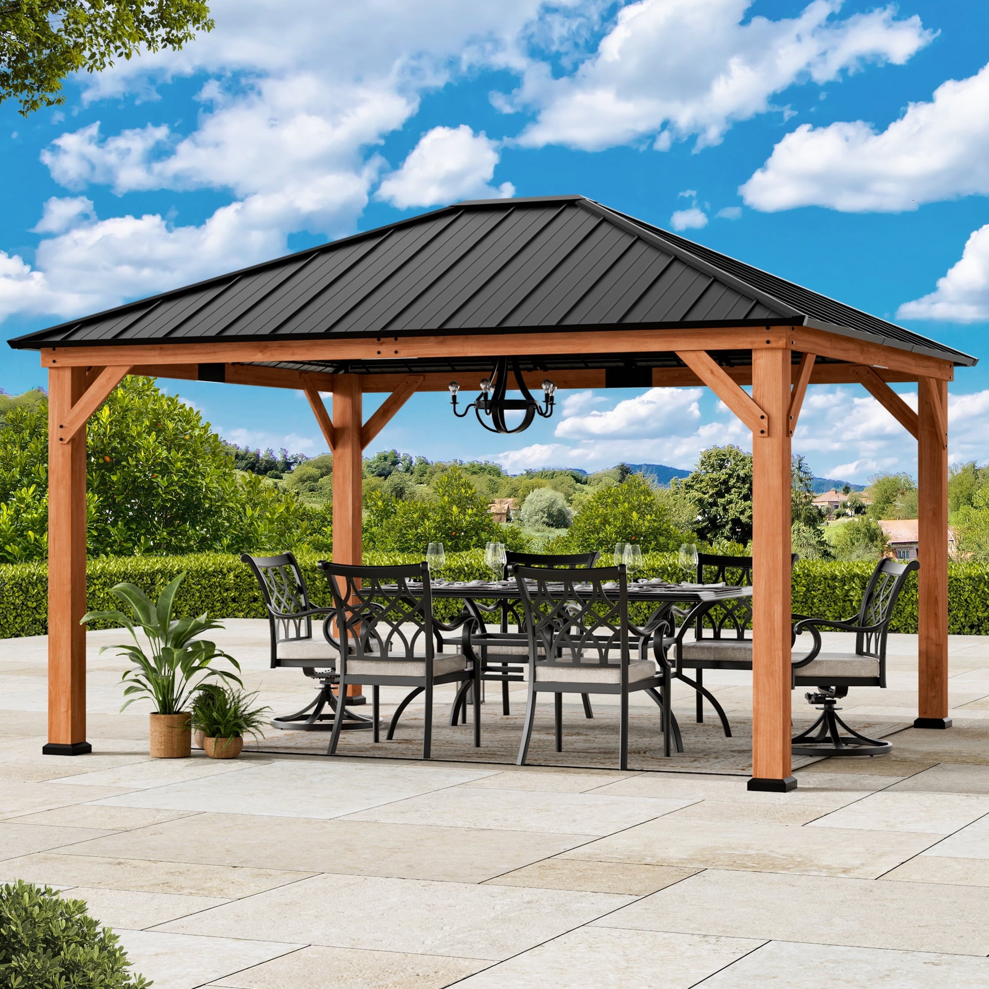 FONA 12'x14' Wood Gazebo with Galvanized Steel&Polycarbonate Hip Roof,Cedar Framed for Garden,Backyard