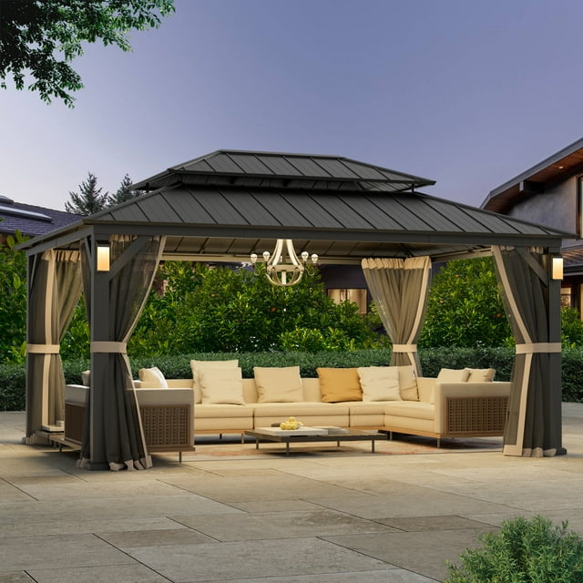 FONA 12'x16' Permanent Hardtop Gazebo with LED Lights,Double Roof,Mosquito Netting & Hooks,Black