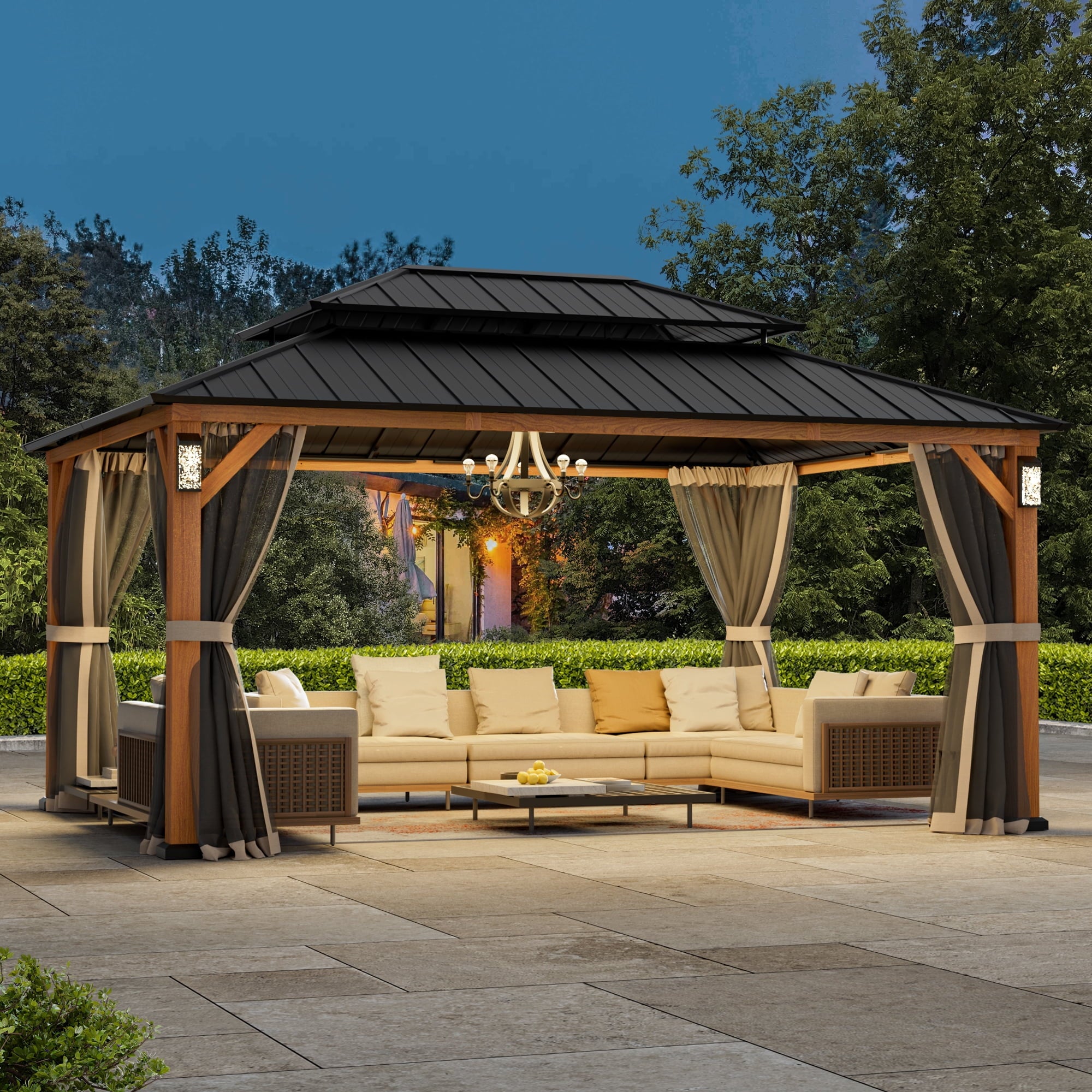 FONA 12'x16' Permanent Hardtop Gazebo with LED Lights,Double Roof,Mosquito Netting & Hooks