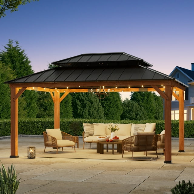 FONA 12'x16' Rosewood Cedar Grill Gazebo,Double Galvanized Steel Roof & Sturdy Hooks for Backyard