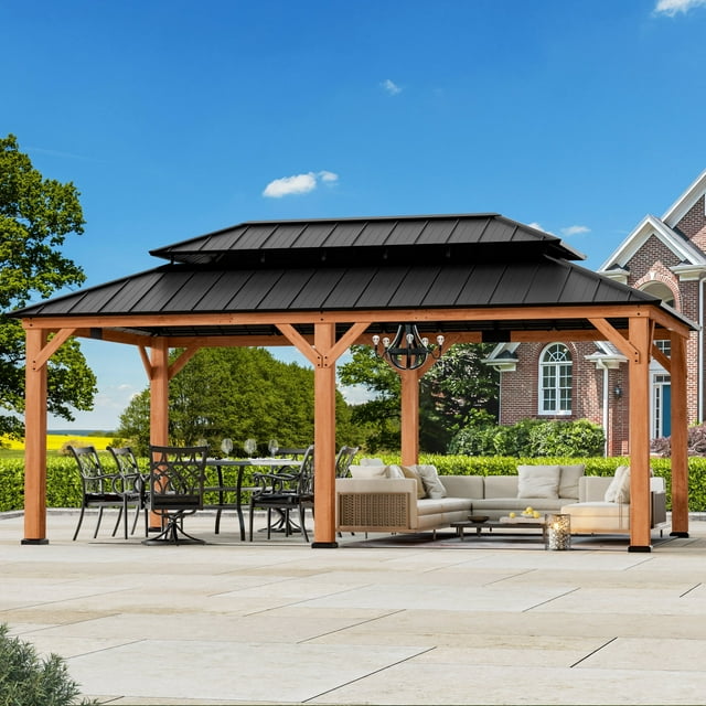 FONA 12'x20' Cedar Wood Gazebo,Hardtop with Double Galvanized Steel Roof for Outdoor,Brown