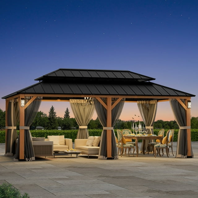 FONA 12'x20' Hardtop Gazebo with Steel Roof,Lights,Mosquito Netting & Hooks,Black