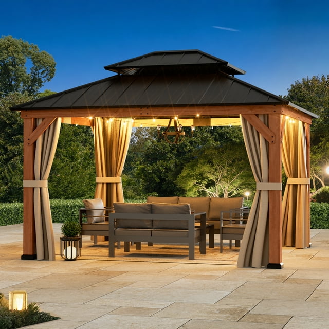FONA 13'x15' Rosewood Cedar Grill Gazebo,Double Steel Roof,Mosquito Netting&Curtains for Backyard