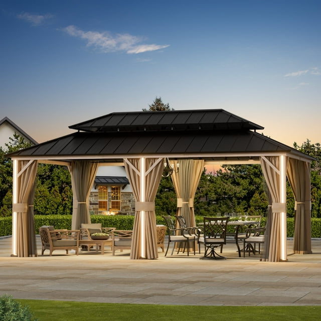 FONA 12'x20' Steel Roof Gazebo w/ 6 LED Lights,Curtains,Netting&USB Charging Port,Black