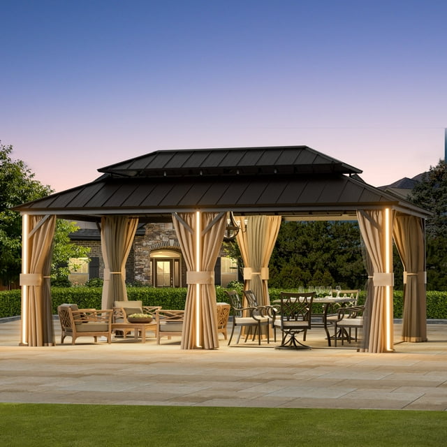 FONA 12'x20' Steel Roof Gazebo w/ 6 LED Lights,Curtains,Netting&USB Charging Port,Black
