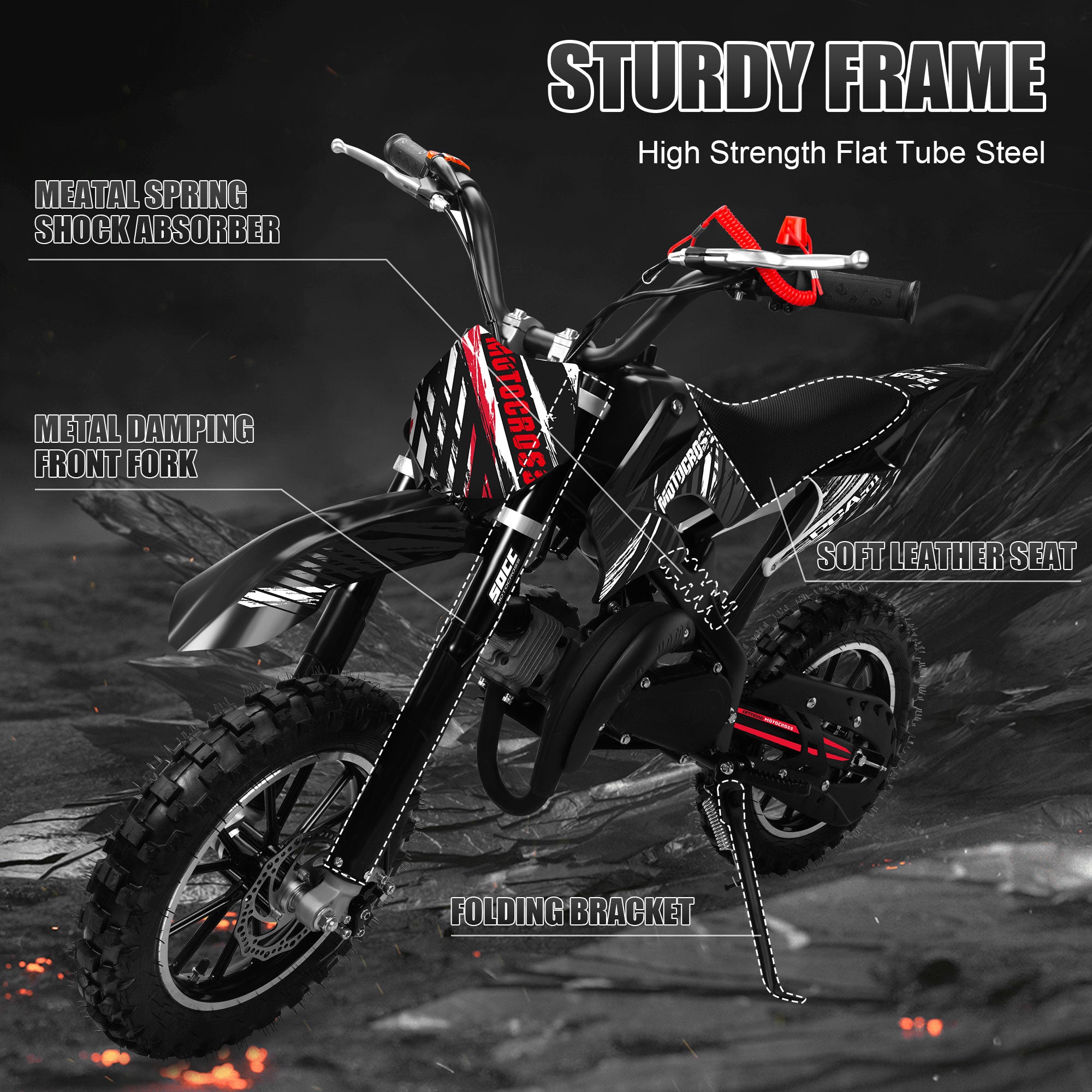Ktoebyco 49cc Kids Mini Dirt Bike, 2-Stroke Gas-Powered Motorcycle, 1.5L Fuel Capacity, Black