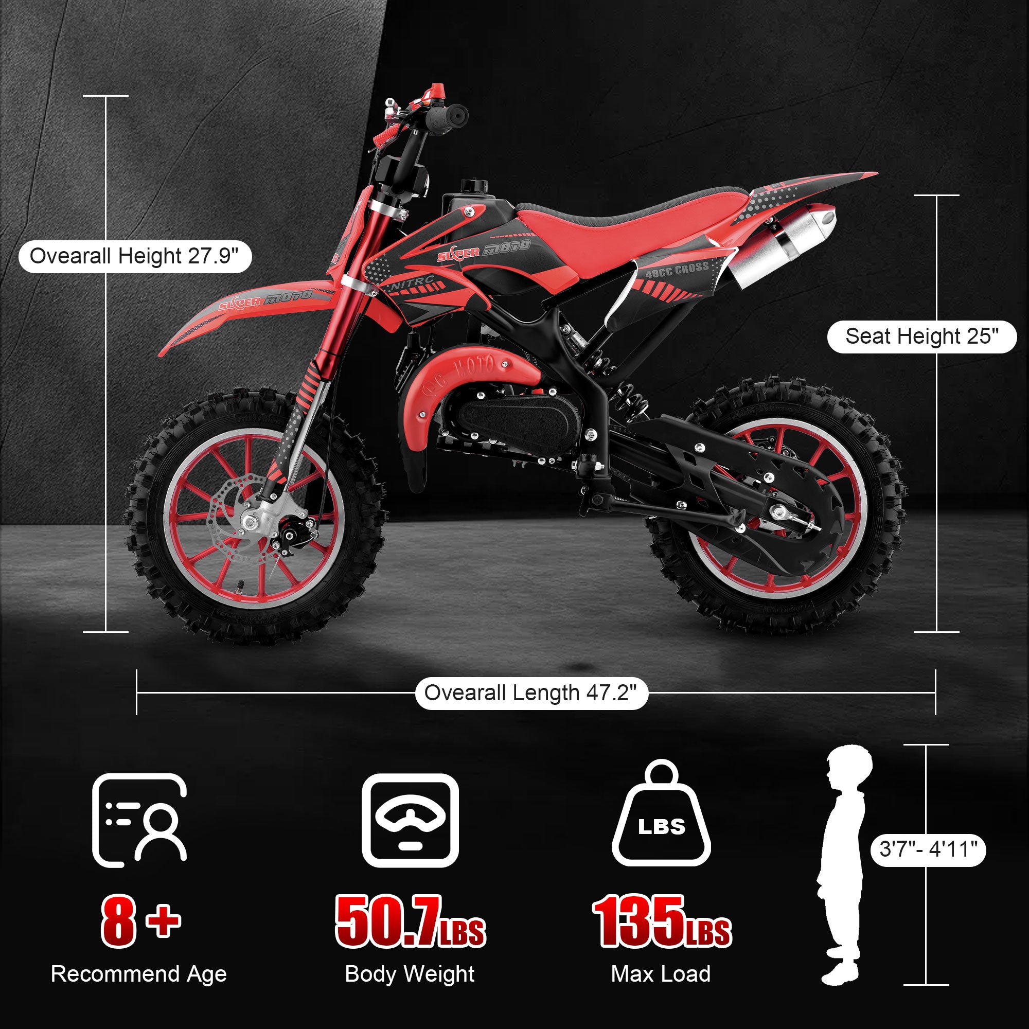 Ktoebyco 49cc Kids Dirt Bike, Gasoline Powered 2-Stroke Mini Motorcycle, 1-Seater, 1.5L Fuel Capacity, Red