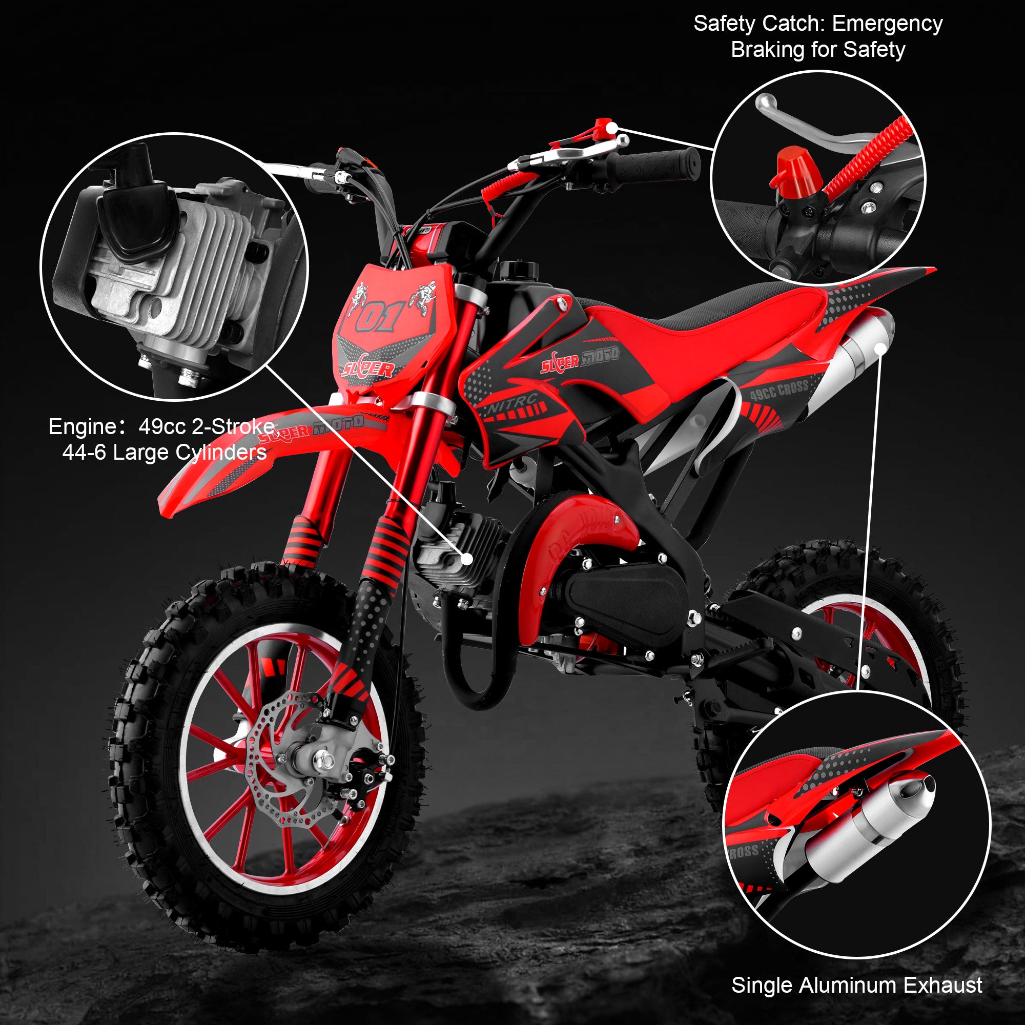 Gpower Gasoline 49cc Dirt Bike for Kids 6-15,2-Stroke off Road Motorized Dirt Bike,Red