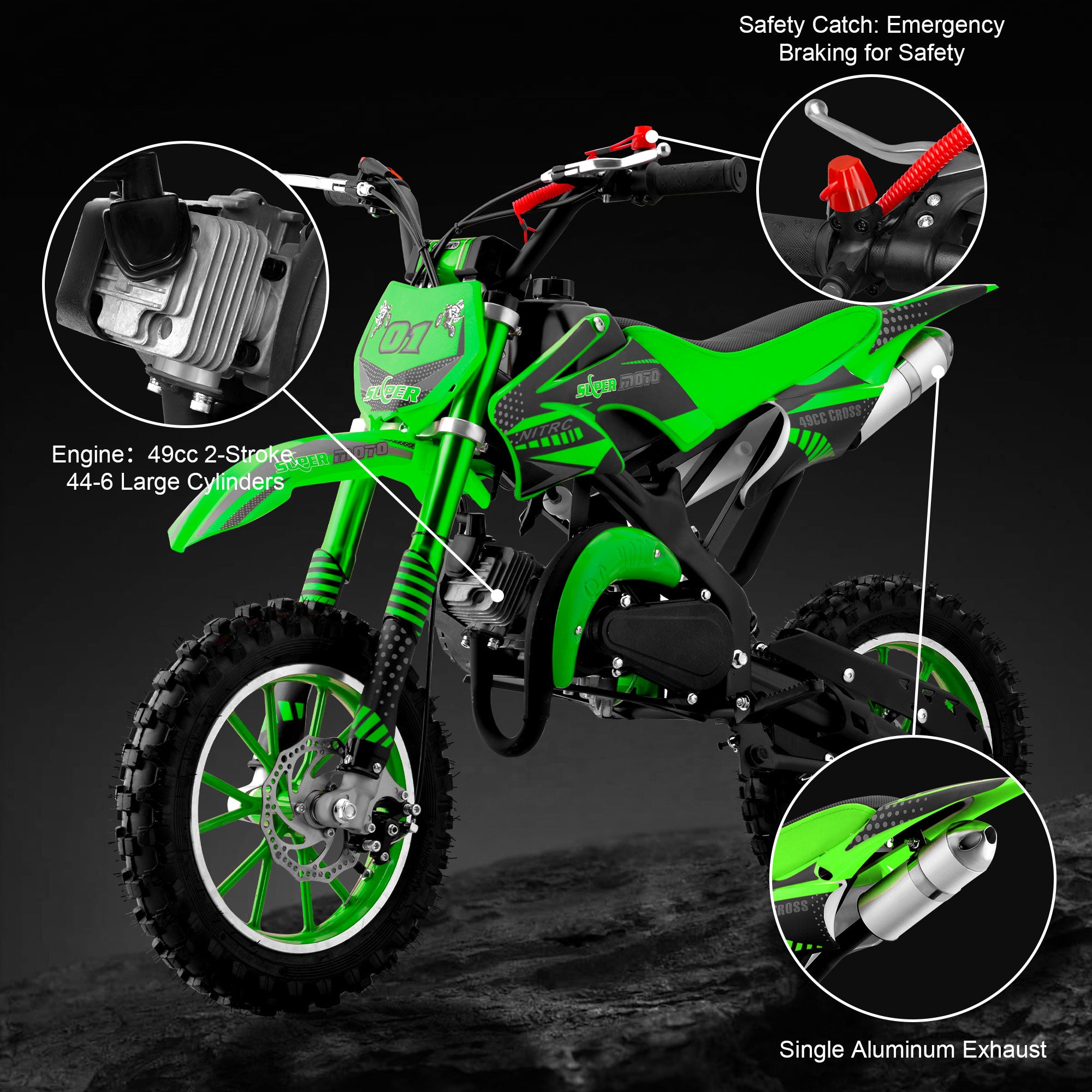 Epicord 50cc Kid Dirt Bike,2-Stroke Gas Mini Bike for Kids 8-14 Shock Absorption,Pull Start,Max Speed 40 MPH, 160 lb Capacity,Green