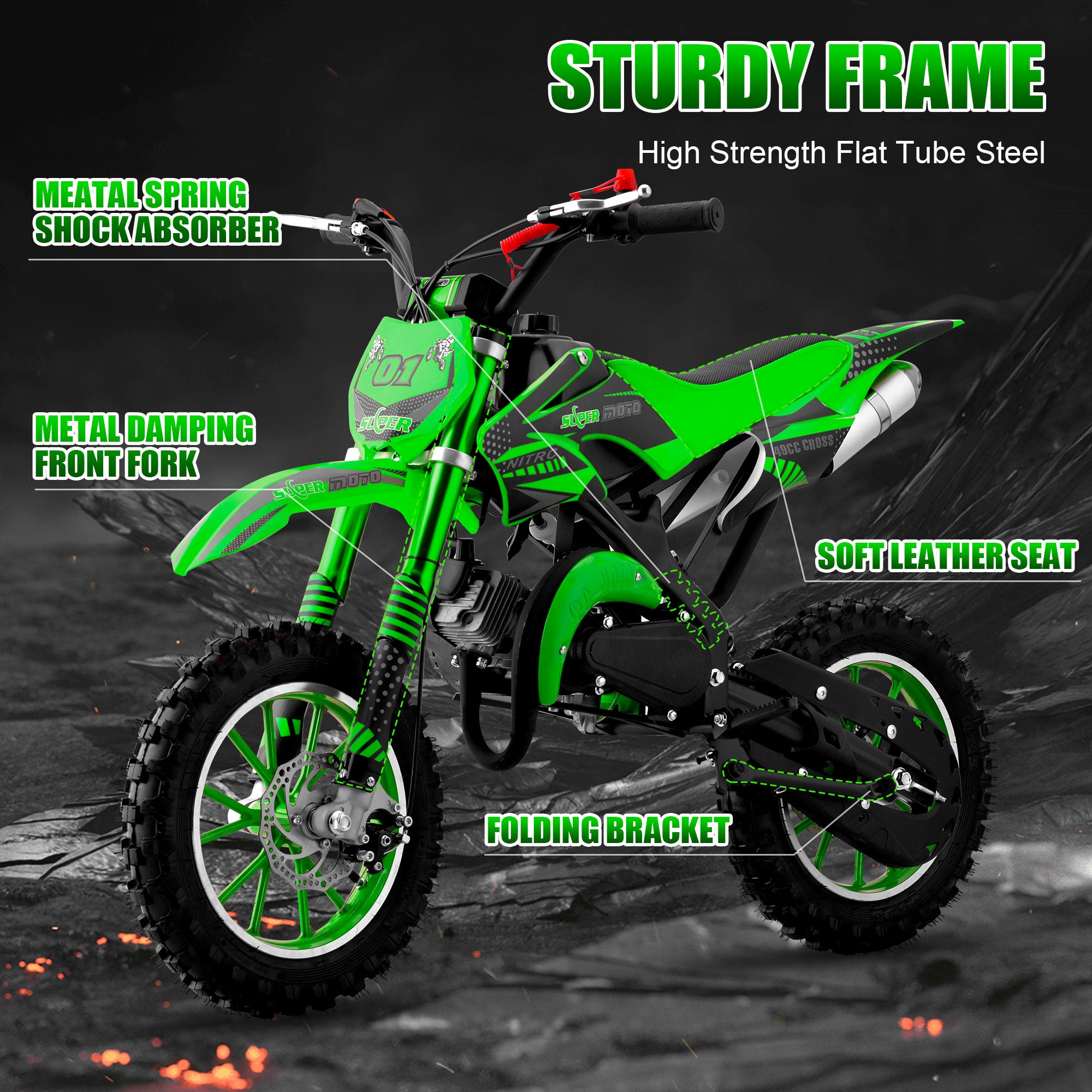 Epicord 50cc Kid Dirt Bike,2-Stroke Gas Mini Bike for Kids 8-14 Shock Absorption,Pull Start,Max Speed 40 MPH, 160 lb Capacity,Green