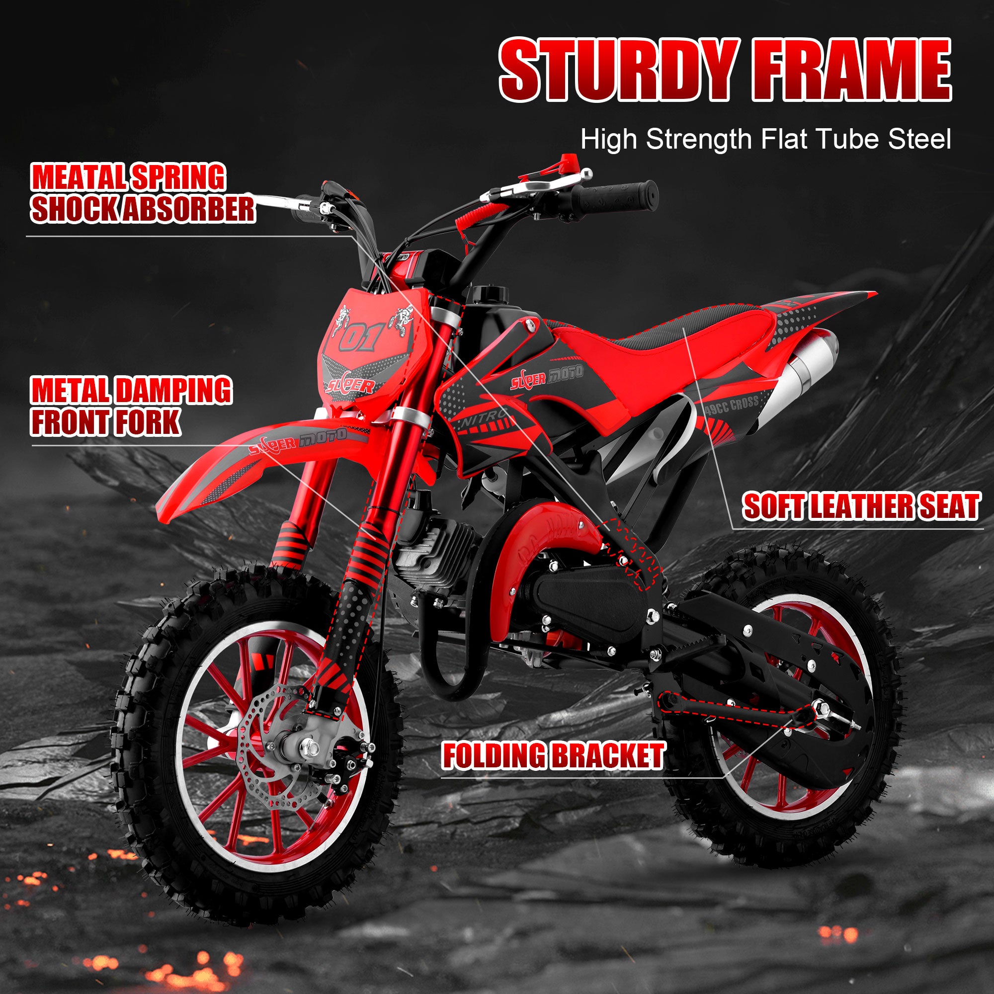 Gpower Gasoline 49cc Dirt Bike for Kids 6-15,2-Stroke off Road Motorized Dirt Bike,Red
