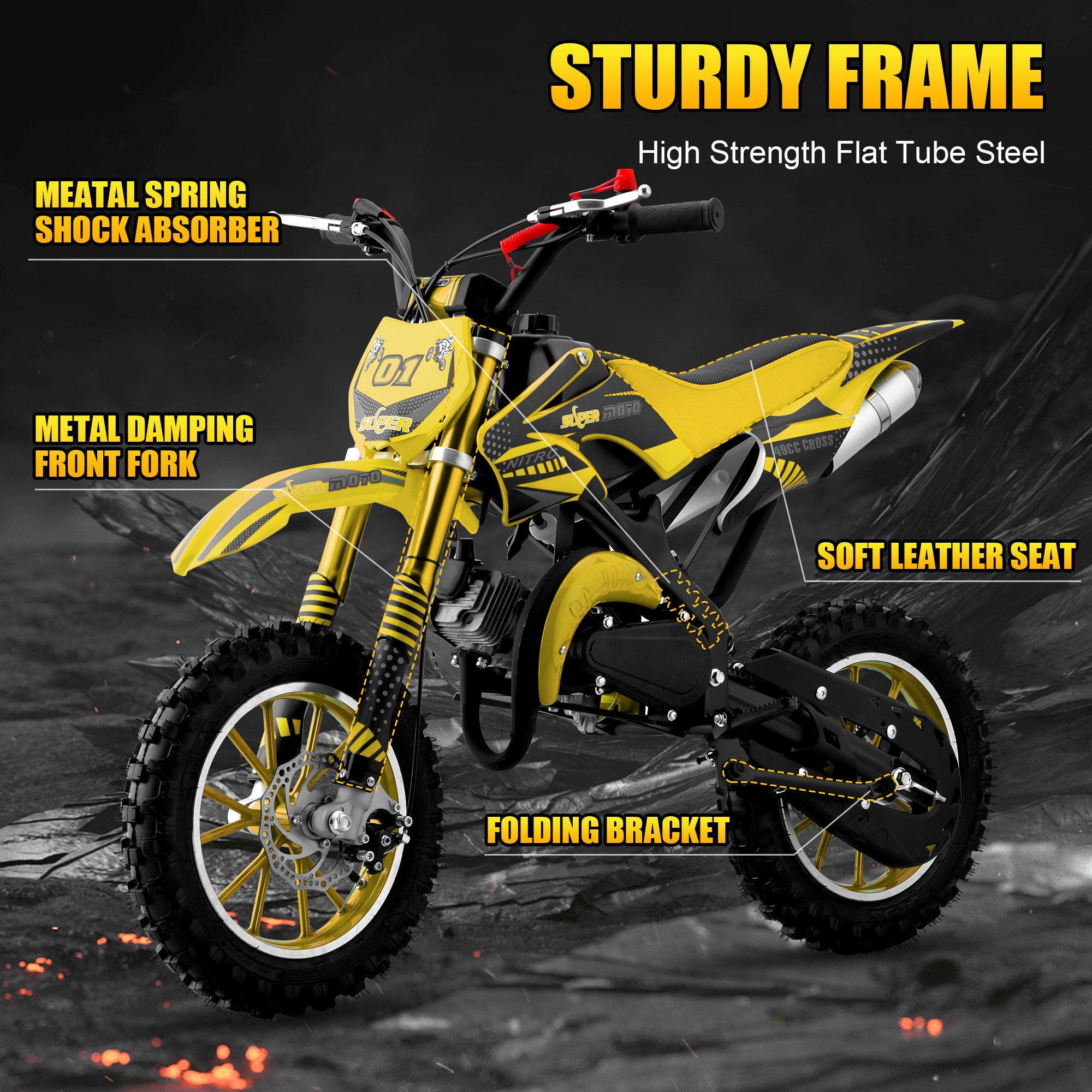 Epicord 50cc Kid Dirt Bike,2-Stroke Gas Mini Bike for Kids 8-14 Shock Absorption,Pull Start,Max Speed 40 MPH, 160 lb Capacity,Yellow