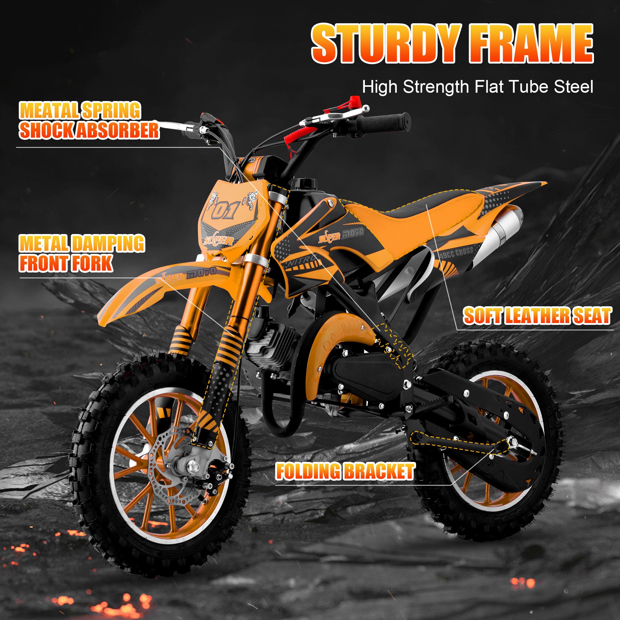 Ktoebyco 49cc Mini Dirt Bike for Kids, 2-Stroke off Road Gasoline Motorcycle,1.5L Fuel Capacity,Orange