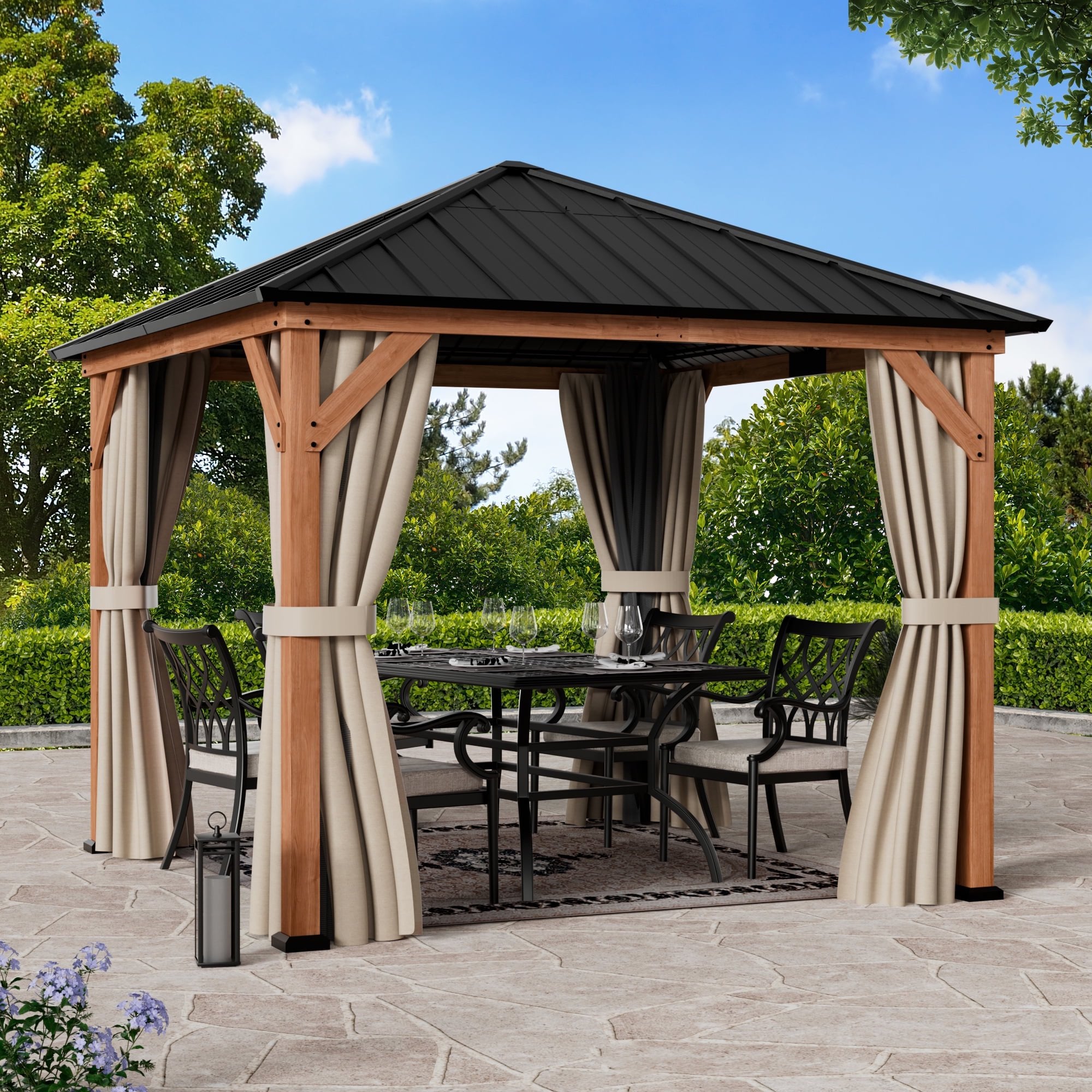 Modern Shade 10x10 Wood Gazebo,Permanent Hardtop Gazebo with Mosquito Net,with Galvanized Steel Roof Hardtop