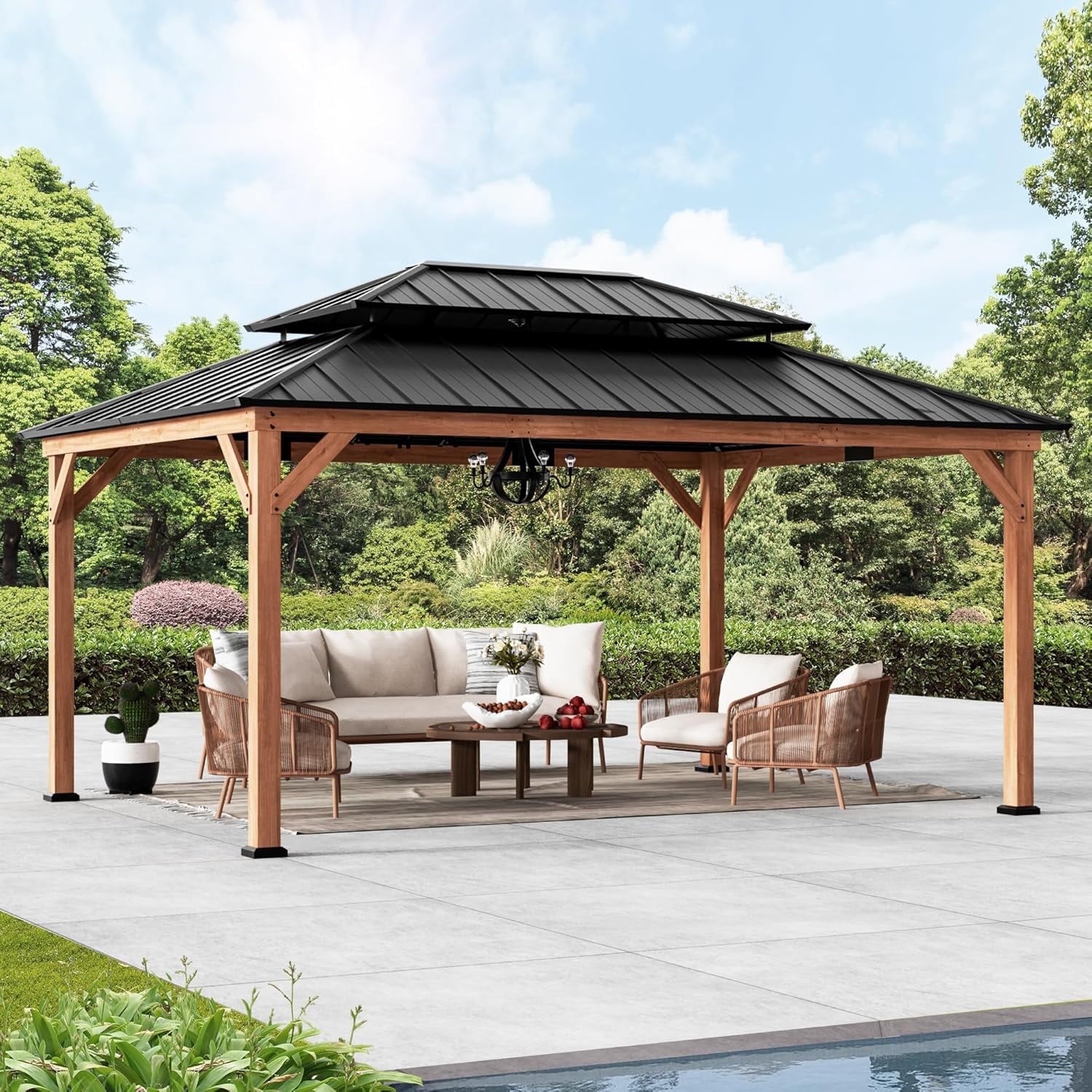 Modern Shade 12' x 16' Rosewood Wood Gazebo, Cedar Framed Wooden Gazebo with Double Galvanized Steel Roof,Permanent Hardtop Wood Grill Gazebo with Sturdy Hooks for Garden, Backyard,Patio,and Deck