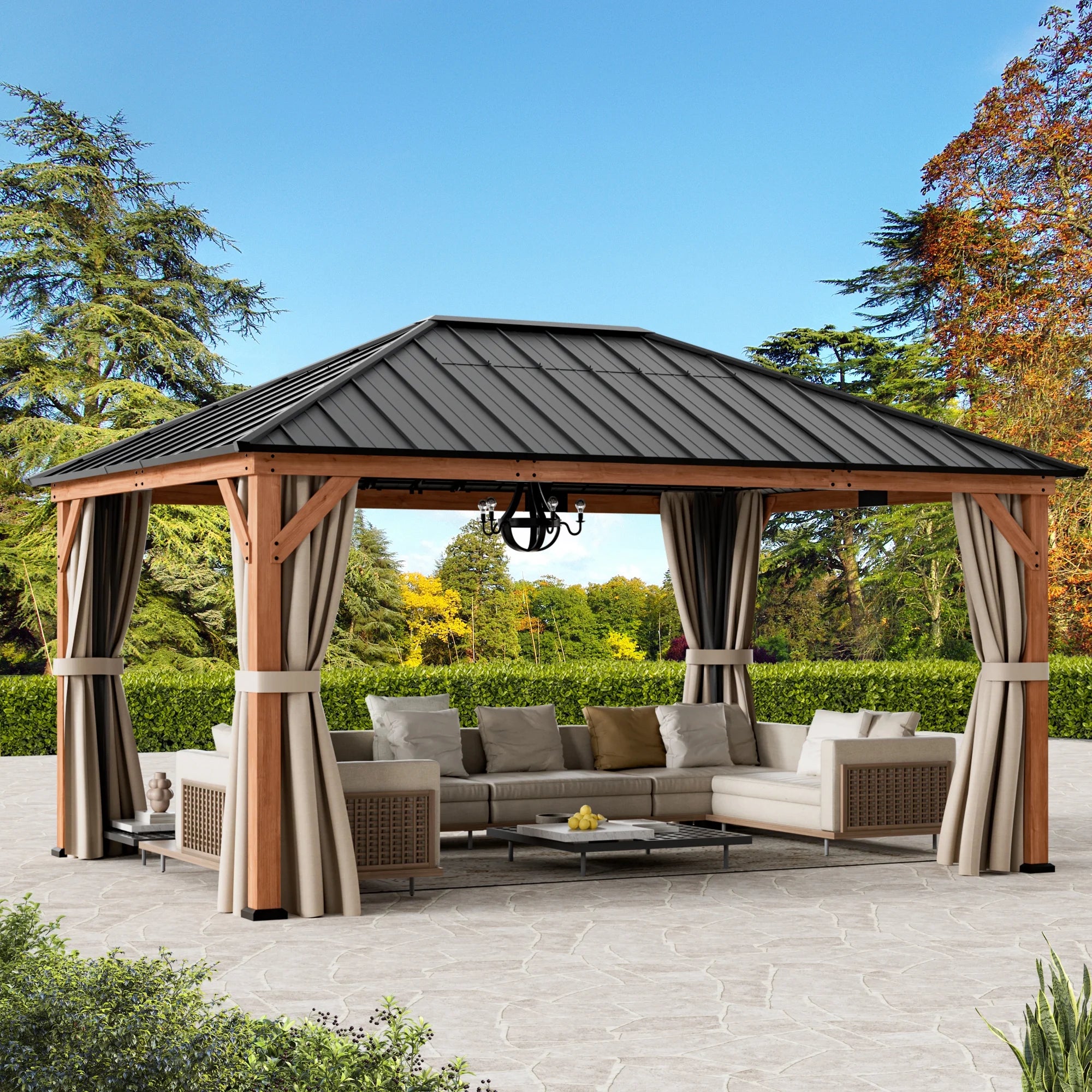Modern Shade 12x16Wood Gazebo,Permanent Hardtop Gazebo with Mosquito Net,with Galvanized Steel Roof Hardtop