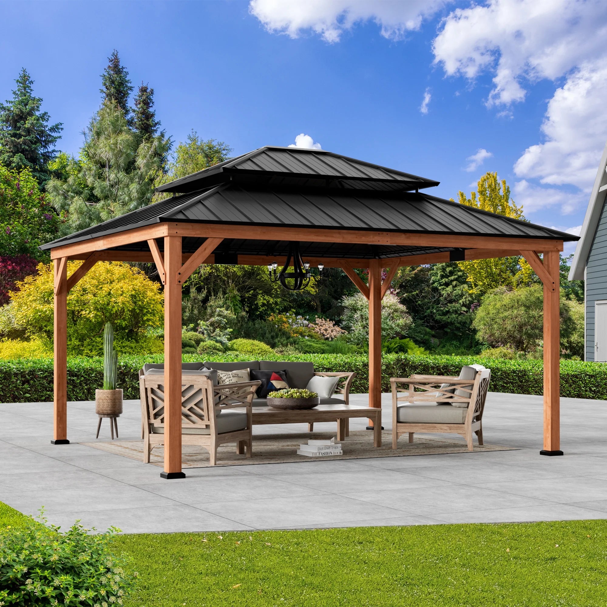 Modern Shade 13x15 Wood Gazebo,Cedar Framed Wooden Hard-Top Gazebo,Double Galvanized Steel Roof